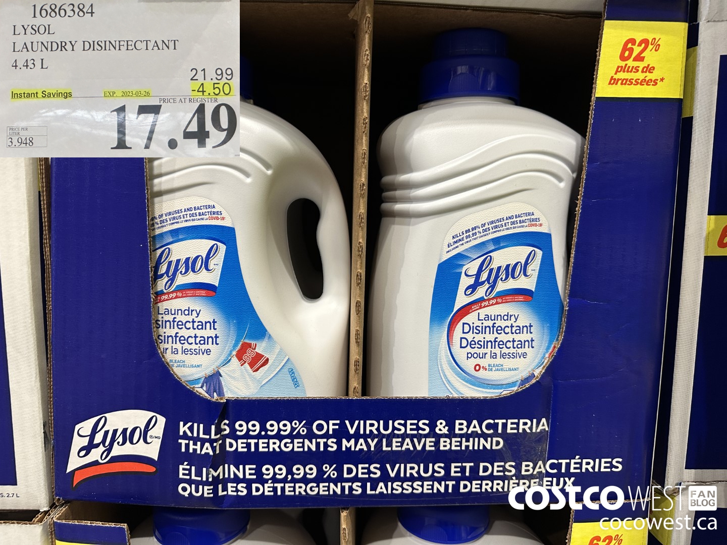 1686384 LYSOL LAUNDRY DISINFECTANT 4.43 L ($4.50 INSTANT SAVINGS EXPIRES ON 2023-03-26) $17.49