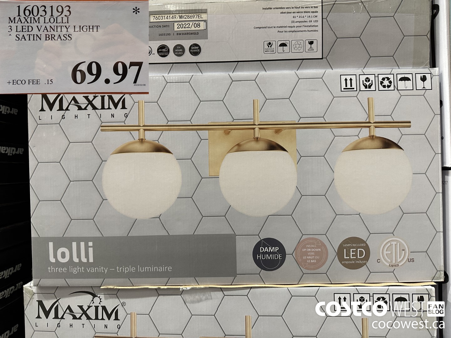 1603193 MAXIM LOLLI 3 LED VANITY LIGHT SATIN BRASS $69.97