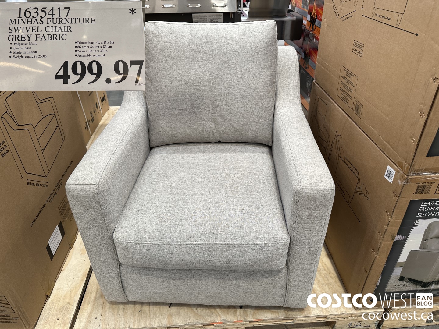 1635417 MINHAS FURNITURE SWIVEL CHAIR GREY FABRIC $499.97