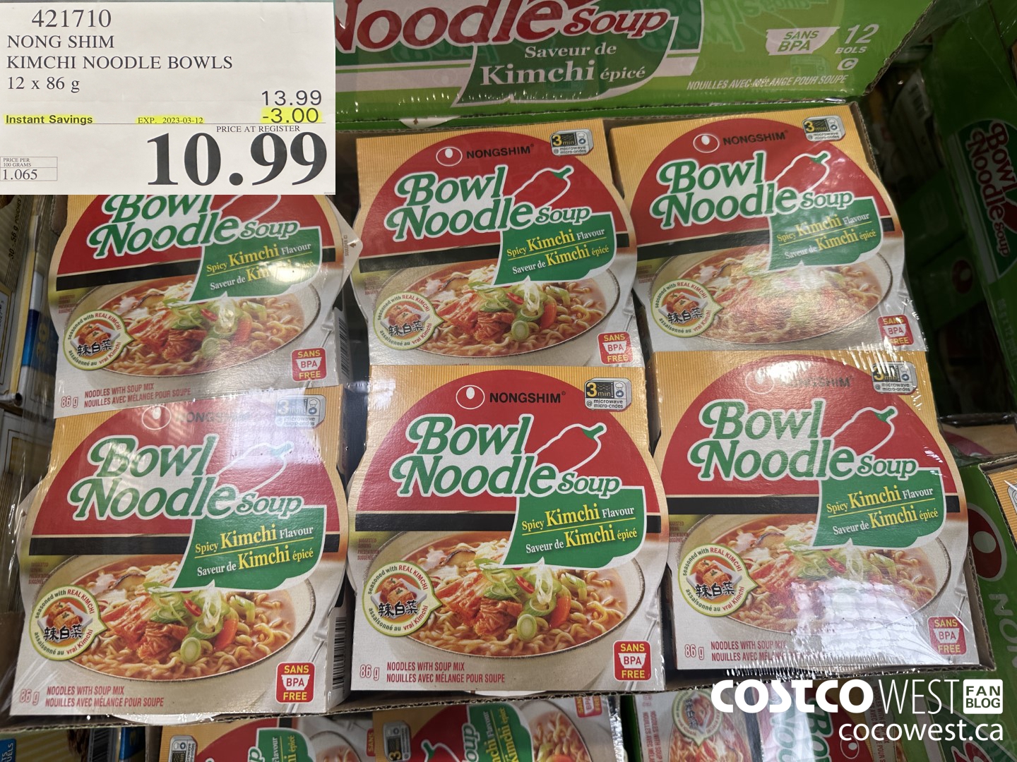 421710 NONG SHIM KIMCHI NOODLE BOWLS 12 x 86g ($3.00 INSTANT SAVINGS EXPIRES ON 2023-03-12) $10.99