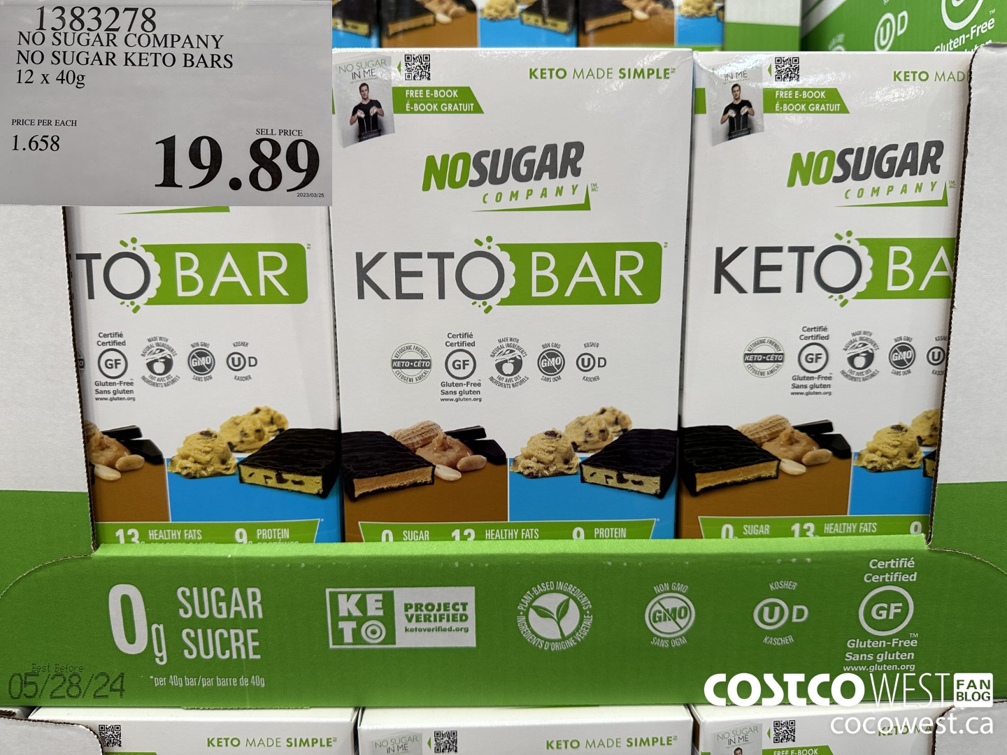 1383278 NO SUGAR COMPANY NO SUGAR KETO BARS 12 x 40g $19.89
