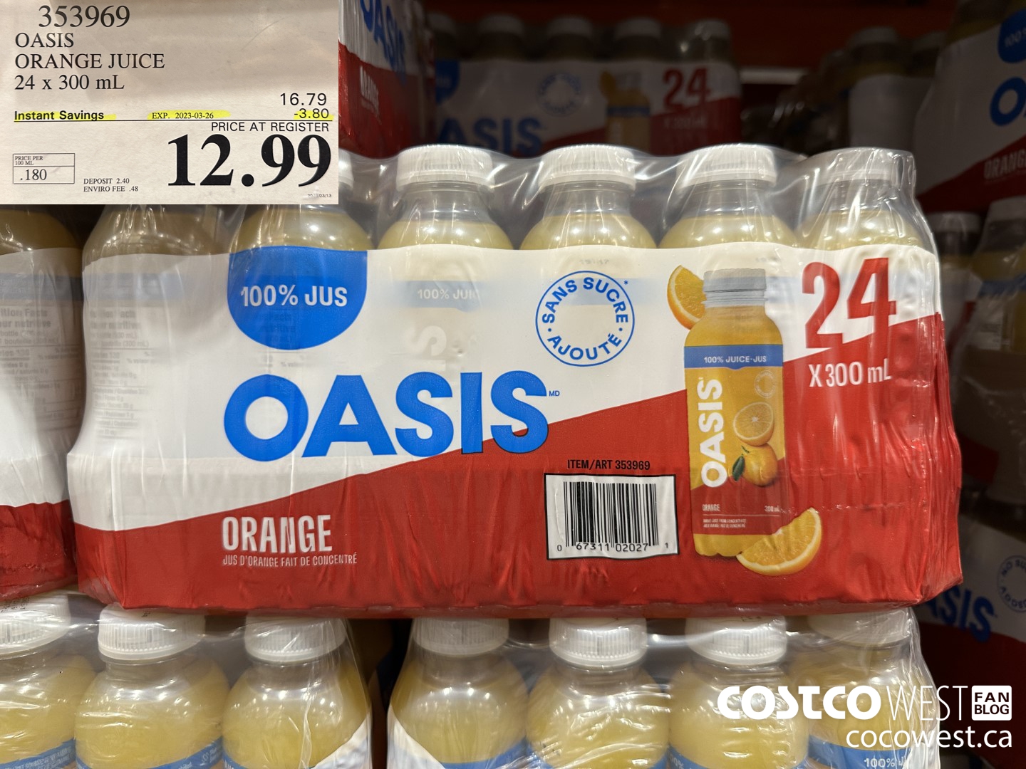 353969 OASIS ORANGE JUICE 24 x 300 mL ($3.80 INSTANT SAVINGS EXPIRES ON 2023-03-26) $12.99