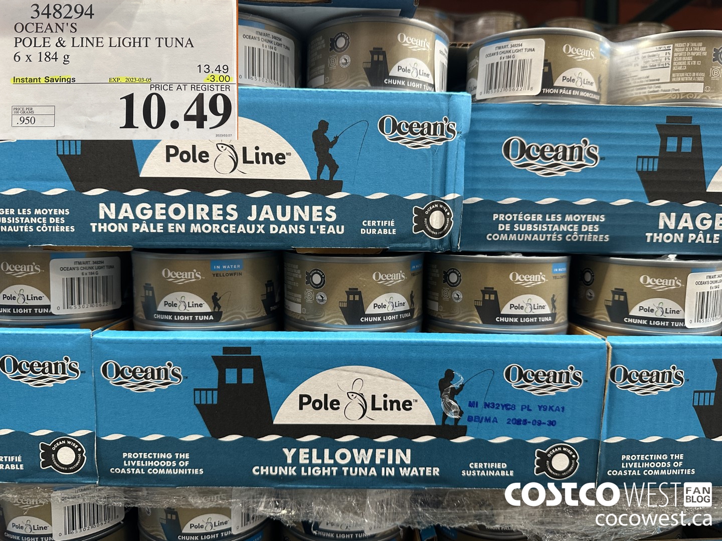 348294 OCEAN'S POLE & LINE LIGHT TUNA 6 x 184 g ($3.00 INSTANT SAVINGS EXPIRES ON 2023-03-05) $10.49