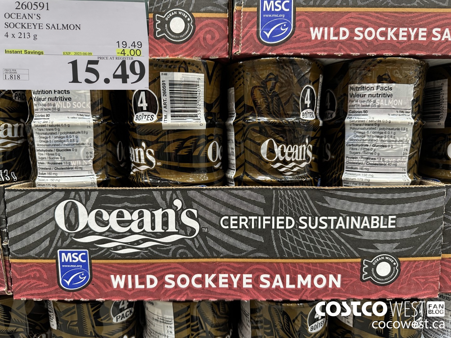 260591 OCEAN'S SOCKEYE SALMON 4 x 213 g $15-49 ($4.00 INSTANT SAVINGS EXPIRES ON 2023-04-09)