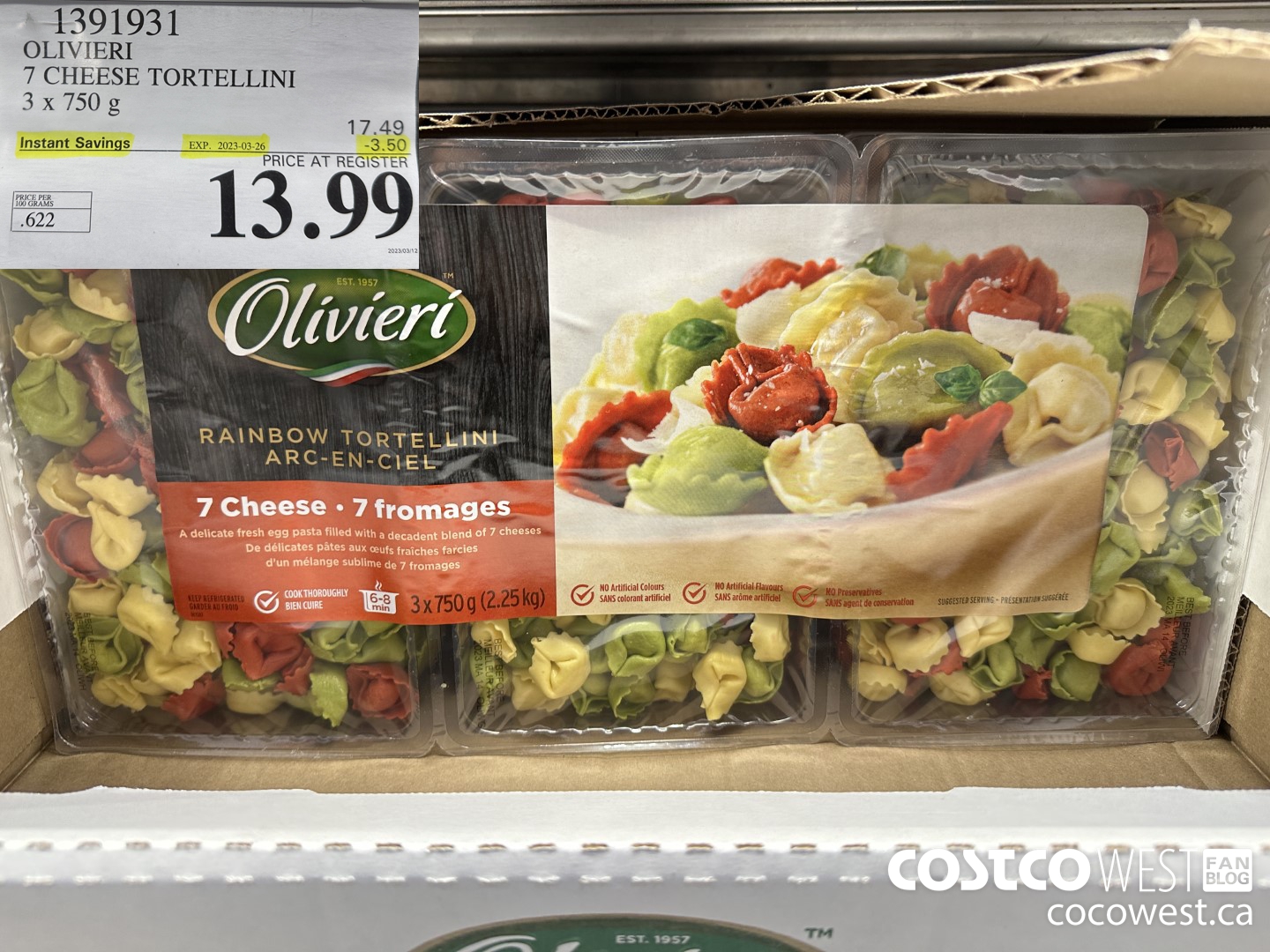 1391931 OLIVIERI 7 CHEESE TORTELLINI 3 x 750 g ($3.50 INSTANT SAVINGS EXPIRES ON 2023-03-26) $13.99