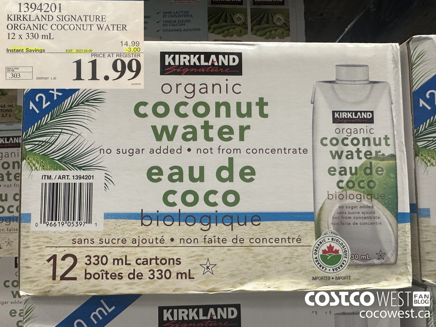 1394201 ORGANIC NO SUGAR ADDED KS COCONUT WATER 12 x 330 mL ($3.00 INSTANT SAVINGS EXPIRES ON 2023-04-09) $11.99