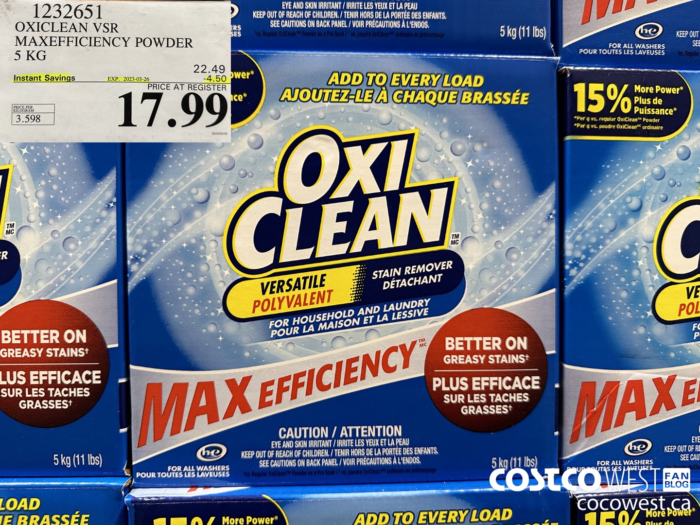 1232651 OXICLEAN VSR MAXEFFICIENCY POWDER 5 KG ($4.50 INSTANT SAVINGS EXPIRES ON 2023-03-26) $17.99