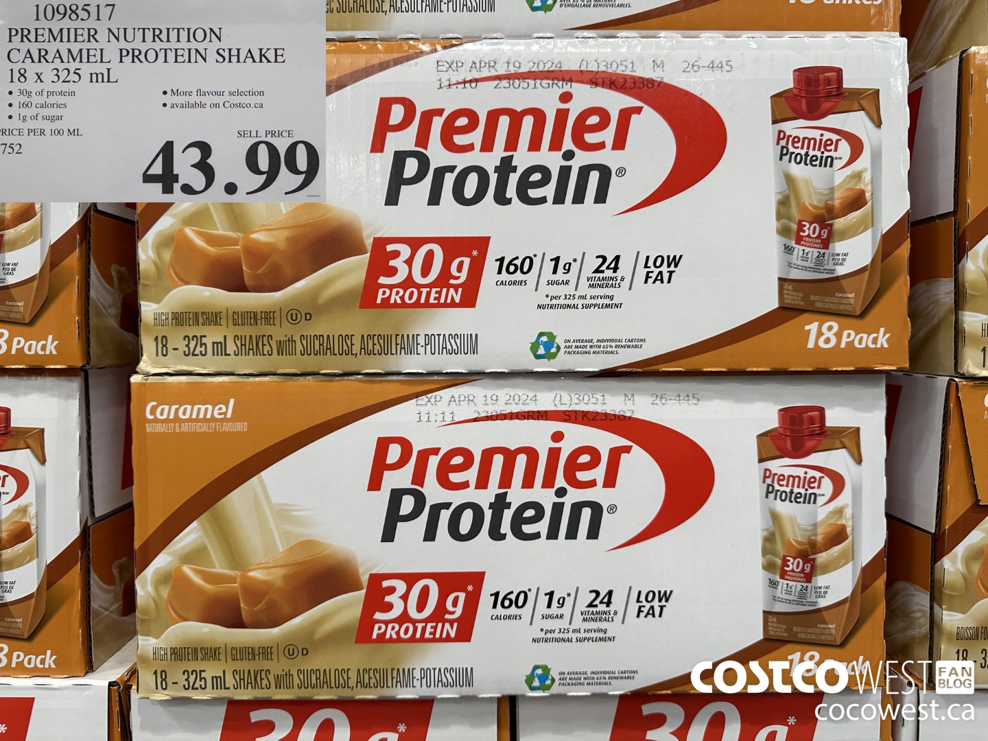 1098517 PREMIER NUTRITION CARAMEL PROTEIN SHAKE 18 x 325 mL $43.99