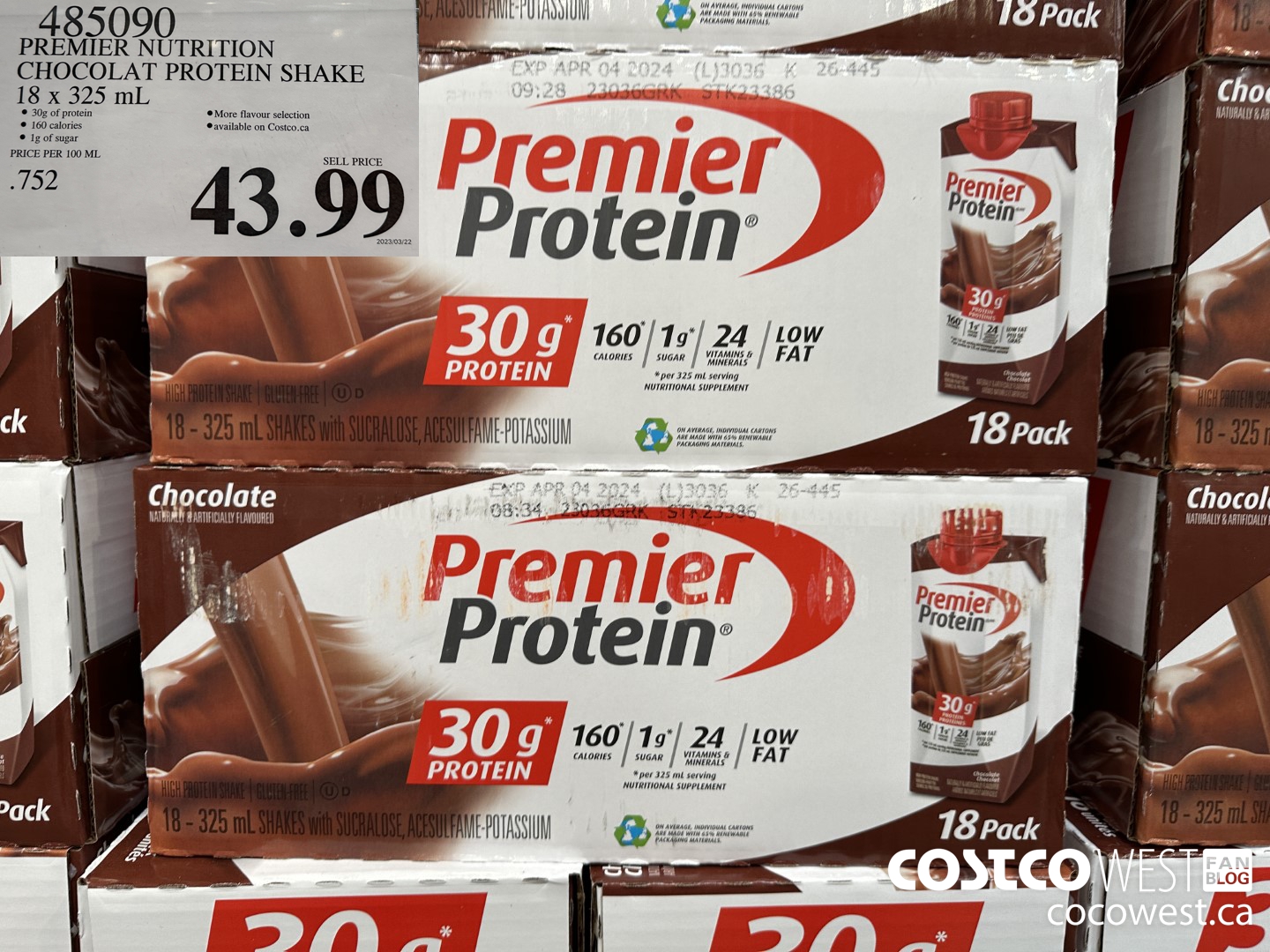 485090 PREMIER NUTRITION CHOCOLAT PROTEIN SHAKE 18 x 325 mL $43.99