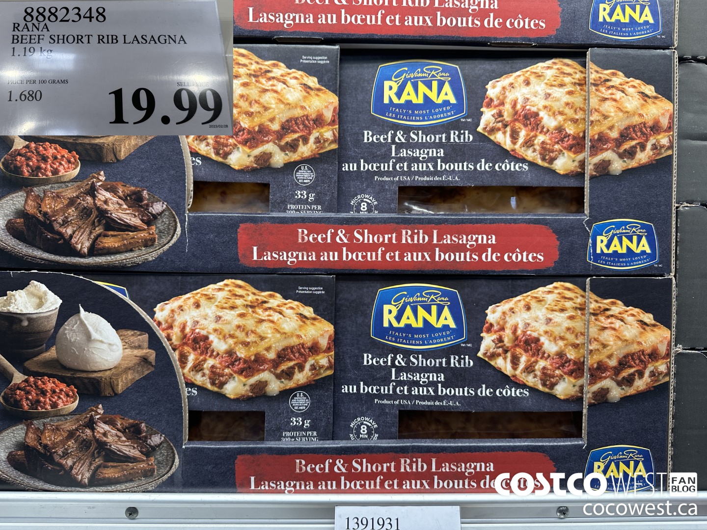 8882348 RANA BEEF SHORT RIB LASAGNA 1.19 KG $19.99