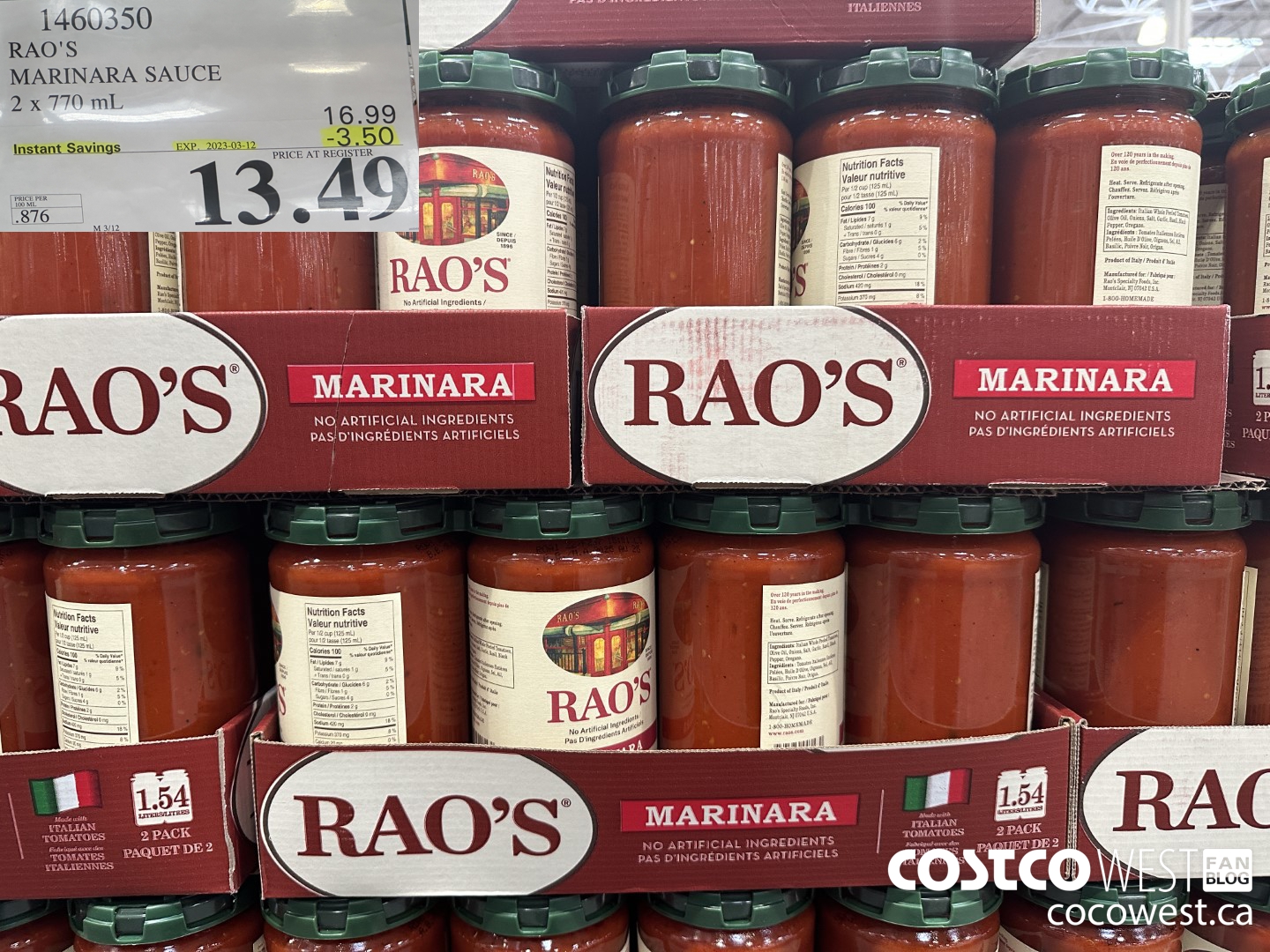 1460350 RAO'S MARINARA SAUCE 2 x 770mL ($3.50 INSTANT SAVINGS EXPIRES ON 2023-03-12) $13.49