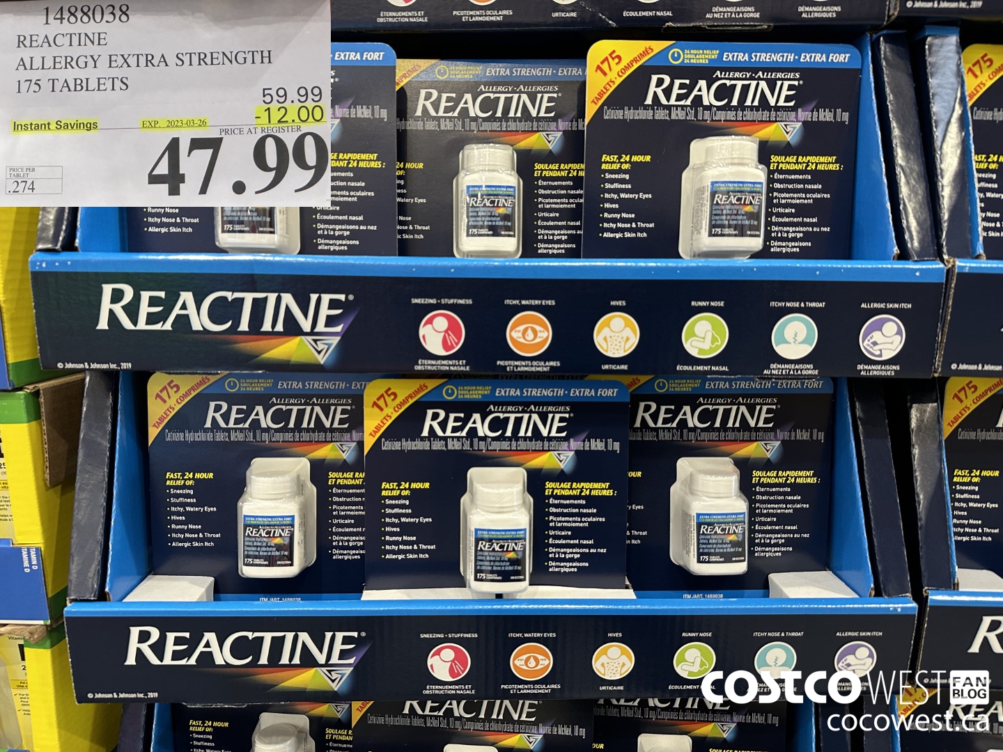 1488038 REACTINE ALLERGY EXTRA STRENGTH 175 TABLETS ($12.00 INSTANT SAVINGS EXPIRES ON 2023-03-26) $47.99