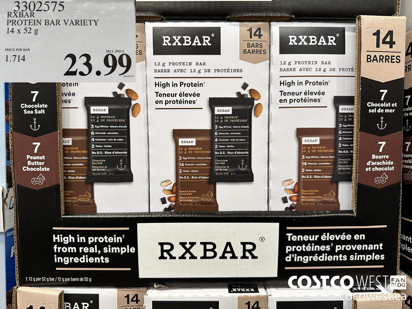 3302575 RXBAR PROTEIN BAR VARIETY 14 X 52 G $23.99