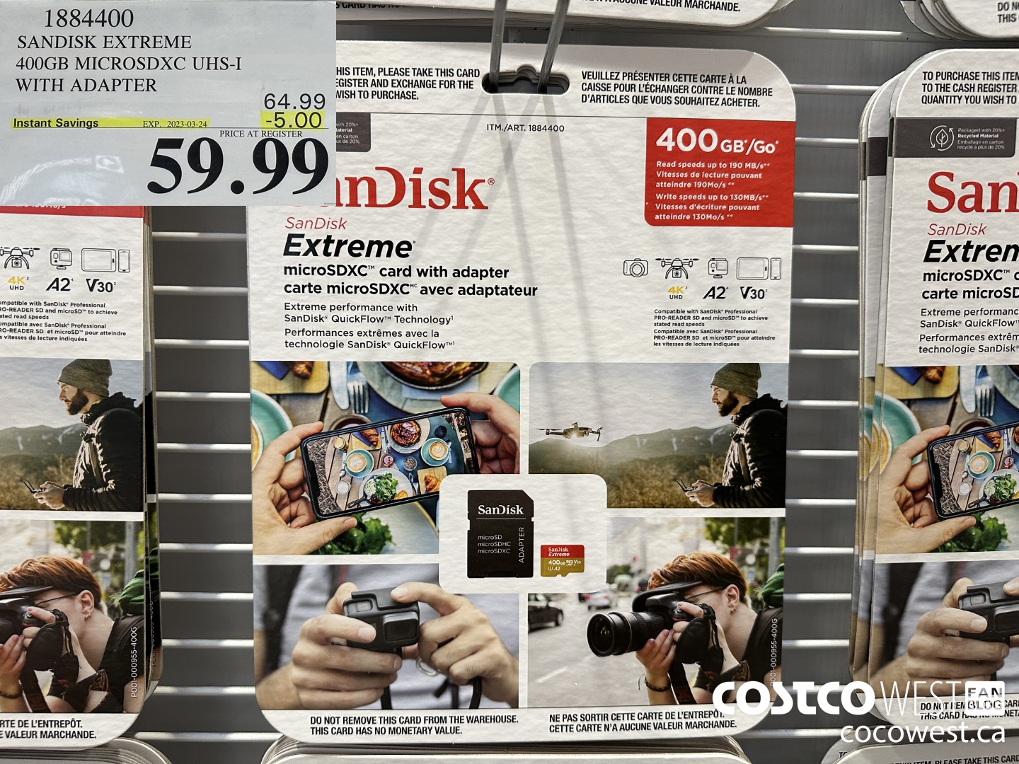 1884400 SANDISK EXTREME 400GB MICROSDXC UHS-I WITH ADAPTER ($5.00 INSTANT SAVINGS EXPIRES ON 2023-03-24) $59.99