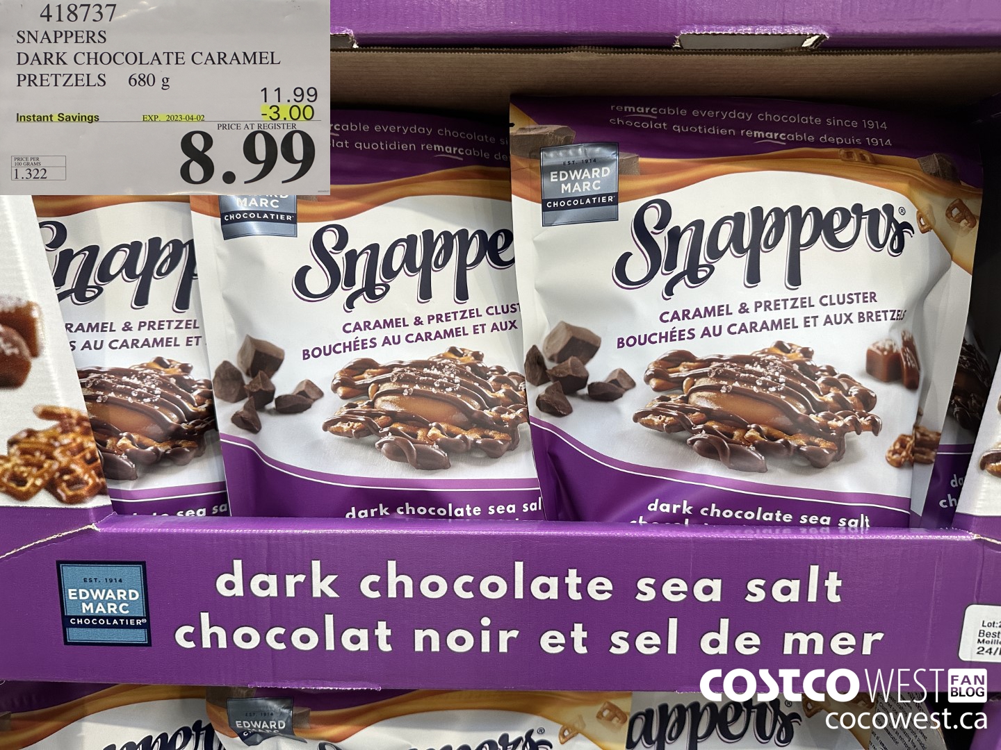 418737 SNAPPERS DARK CHOCOLATE CARAMEL PRETZELS 680 g ($3.00 INSTANT SAVINGS EXPIRES ON 2023-04-02) $8.99