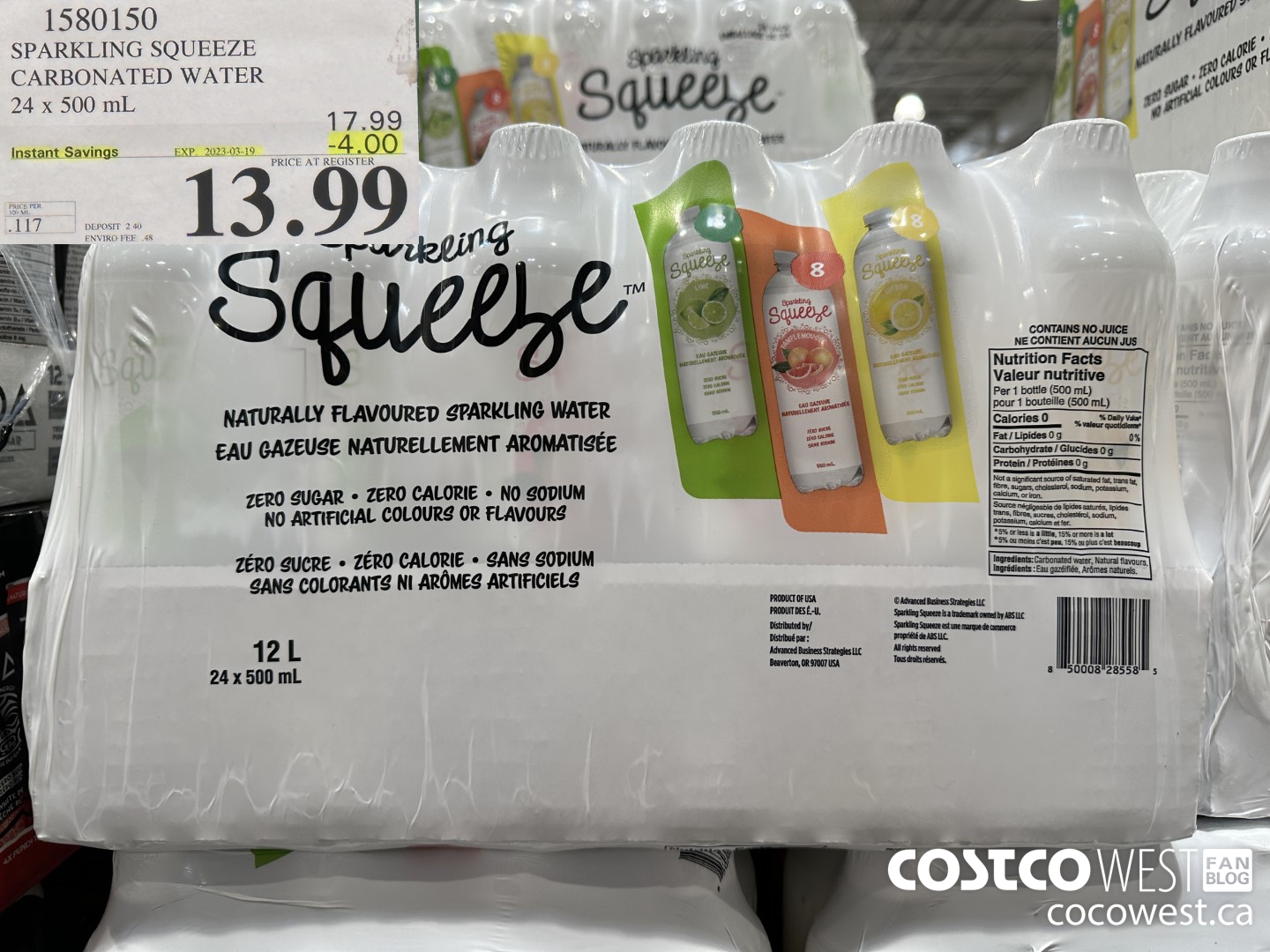 1580150 SPARKLING SQUEEZE CARBONATED WATER 24 x 500 mL ($4.00 INSTANT SAVINGS EXPIRES ON 2023-03-19) $13.99