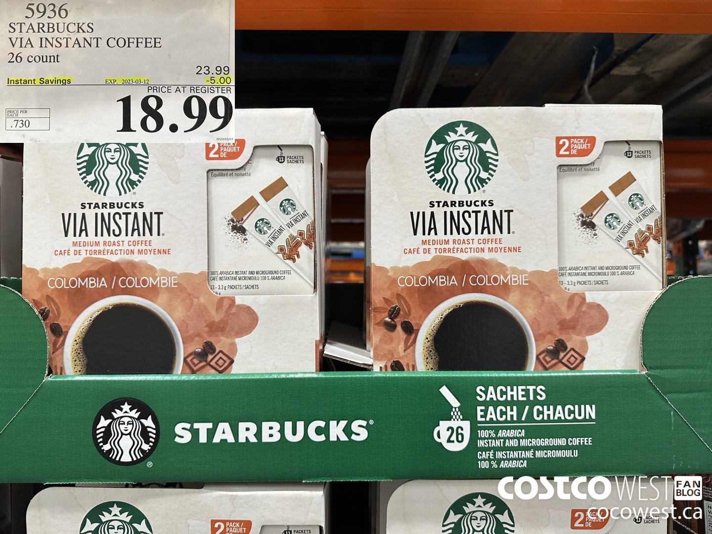 5936 STARBUCKS VIA INSTANT COFFEE 26 CT ($5.00 INSTANT SAVINGS EXPIRES ON 2023-03-12) $18.99