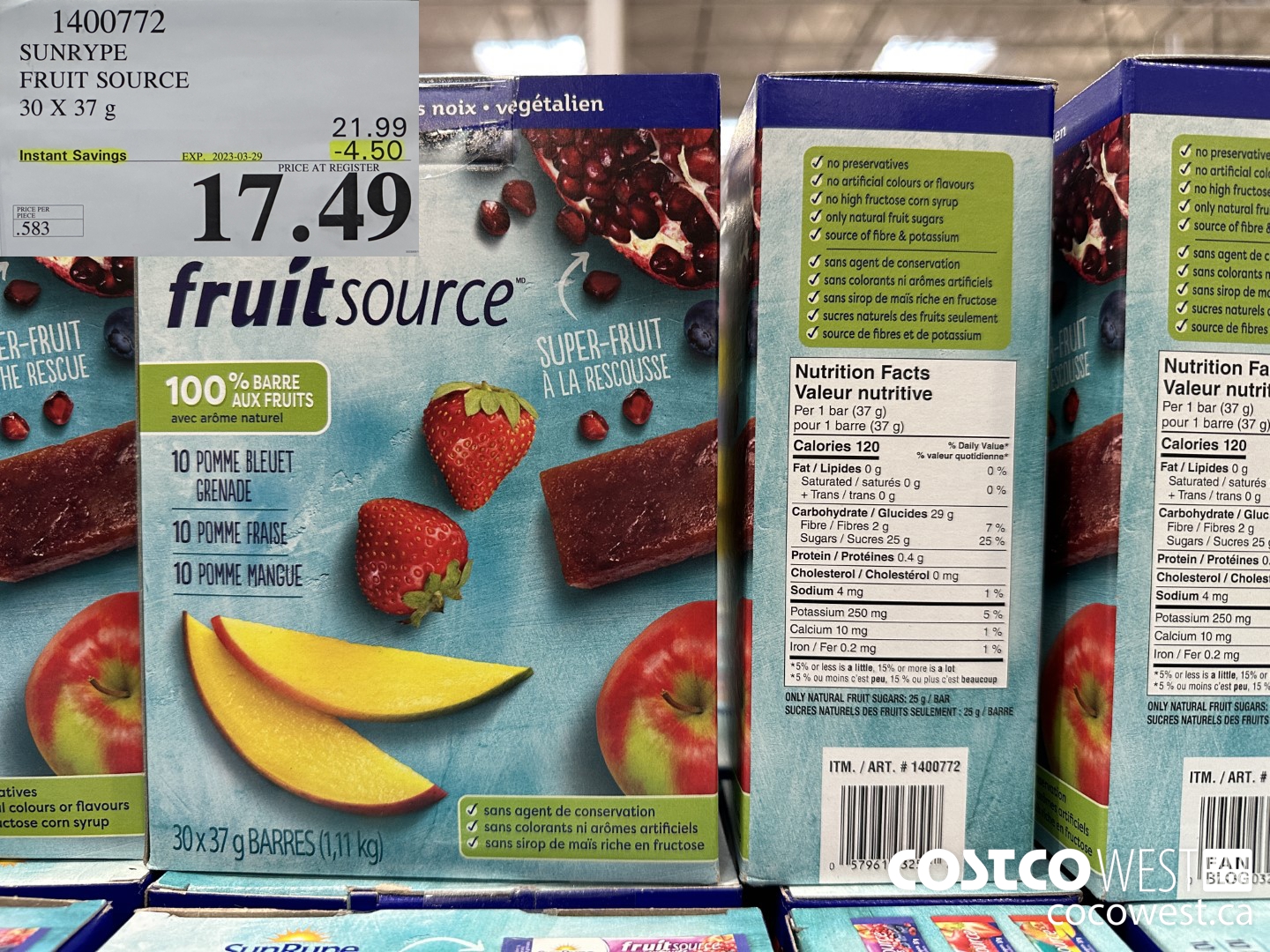 1400772 SUNRYPE FRUIT SOURCE 30 X 37 G ($4.50 INSTANT SAVINGS EXPIRES ON 2023-03-29) $17.49