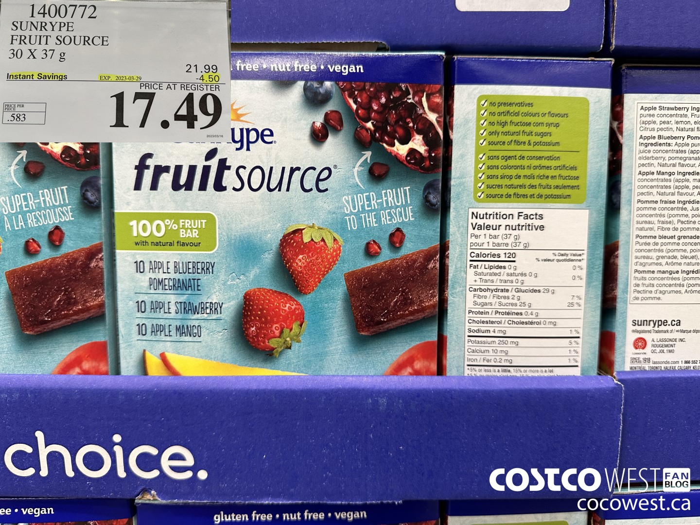1400772 SUNRYPE FRUIT SOURCE 30 X 37 G ($4.50 INSTANT SAVINGS EXPIRES ON 2023-03-29) $17.49