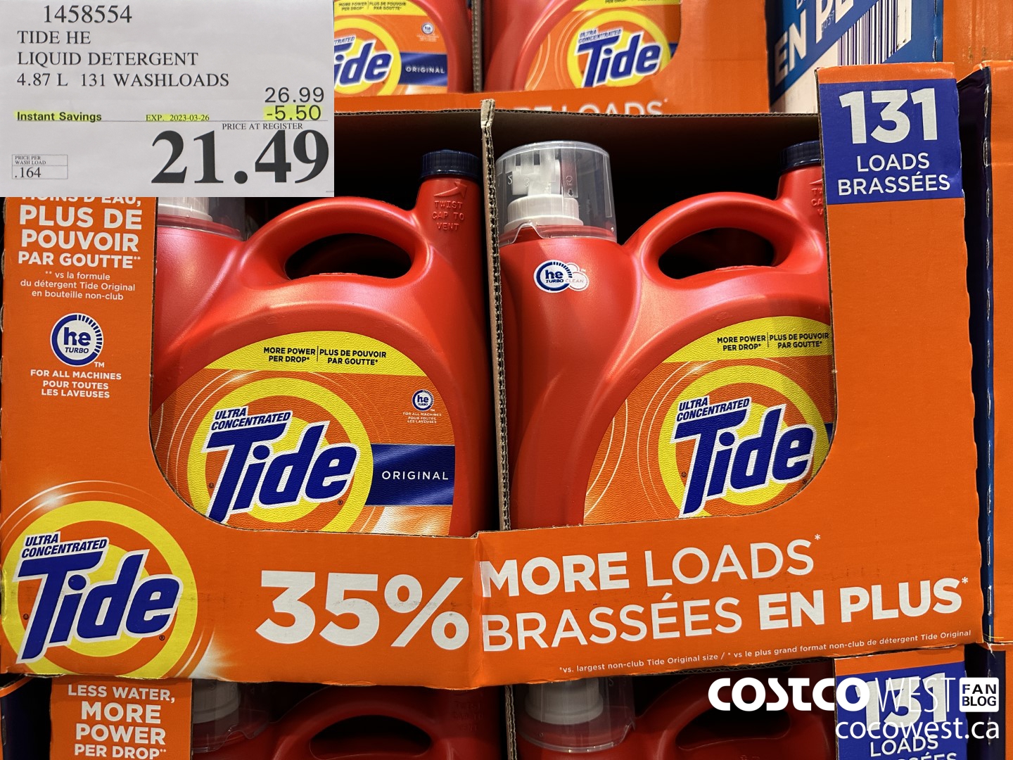 1458554 TIDE HE LIQUID DETERGENT 4.87 L 131 WASHLOADS ($5.50 INSTANT SAVINGS EXPIRES ON 2023-03-26) $21.49