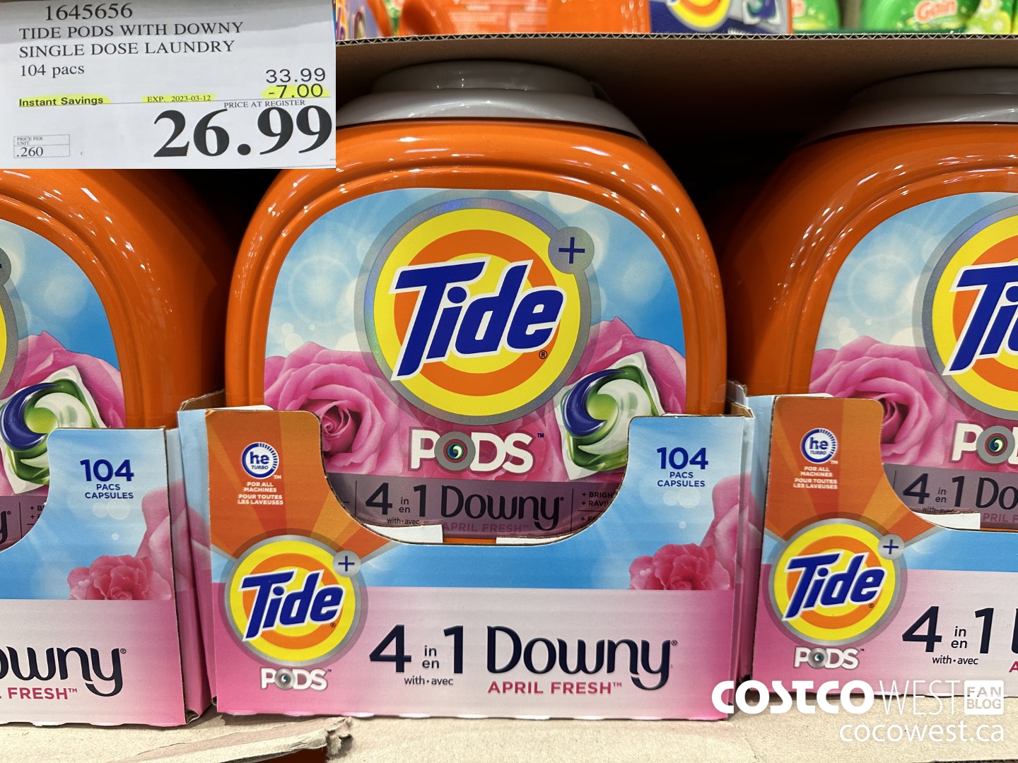 1645656 TIDE PODS WITH DOWNY SINGLE DOSE LAUNDRY 104 PACS ($7.00 INSTANT SAVINGS EXPIRES ON 2023-03-12) $26.99