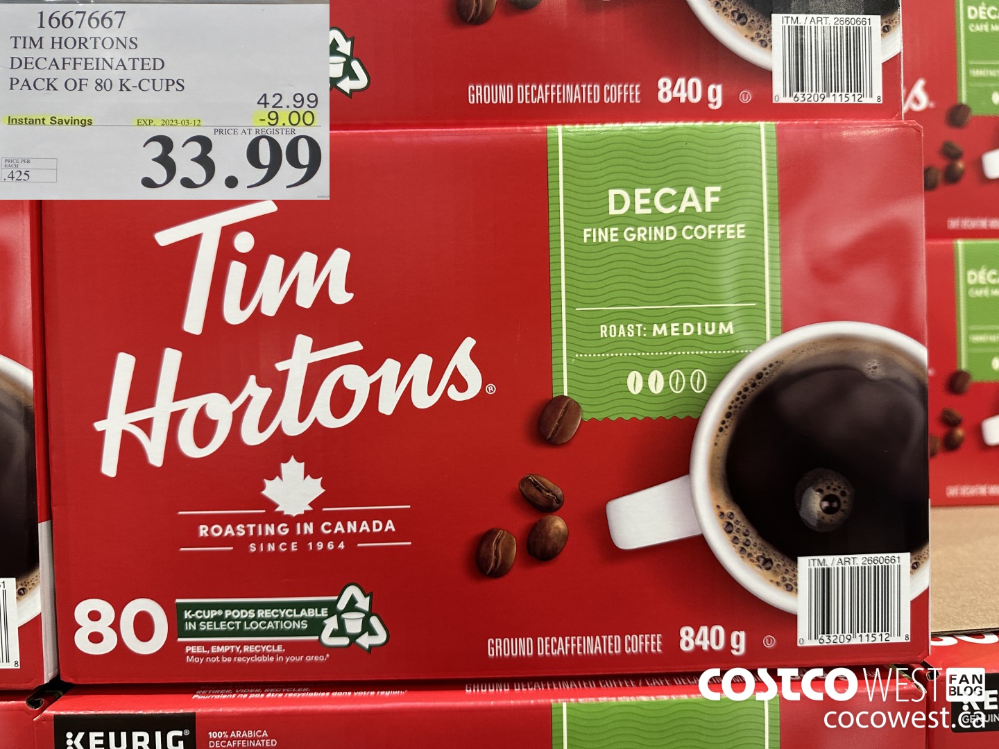 1667667 TIM HORTONS DECAFFEINATED K-CUPS 80 COUNT ($9.00 INSTANT SAVINGS EXPIRES ON 2023-03-12) $33.99