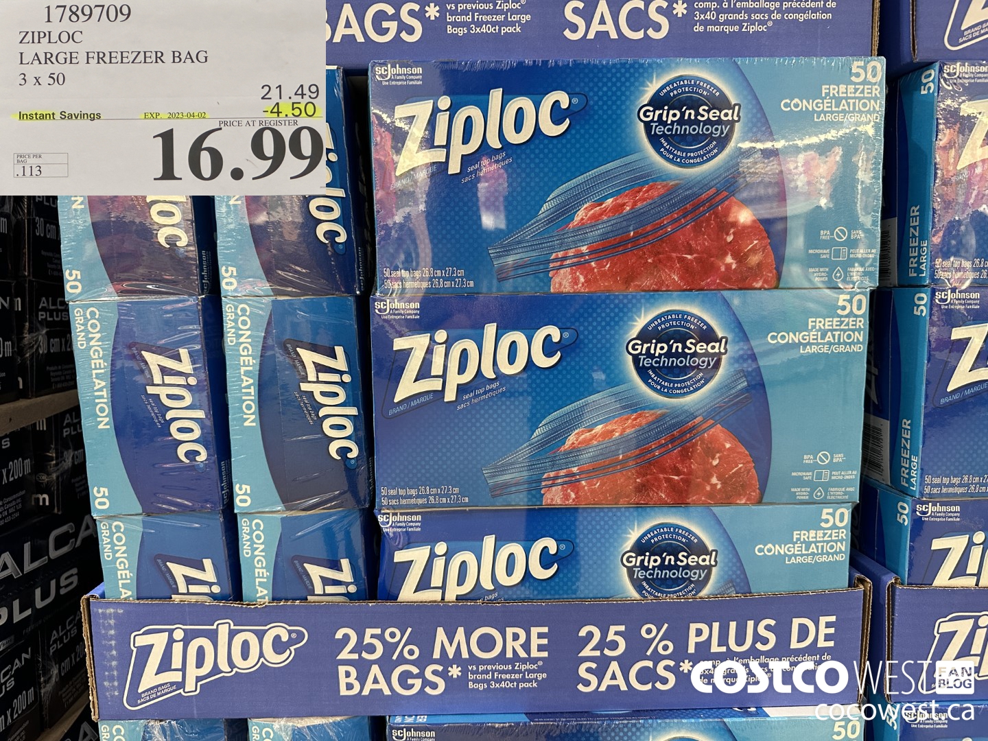 1789709 ZIPLOC LARGE FREEZER BAG 3 X 50 ($4.50 INSTANT SAVINGS EXPIRES ON 2023-04-02) $16.99