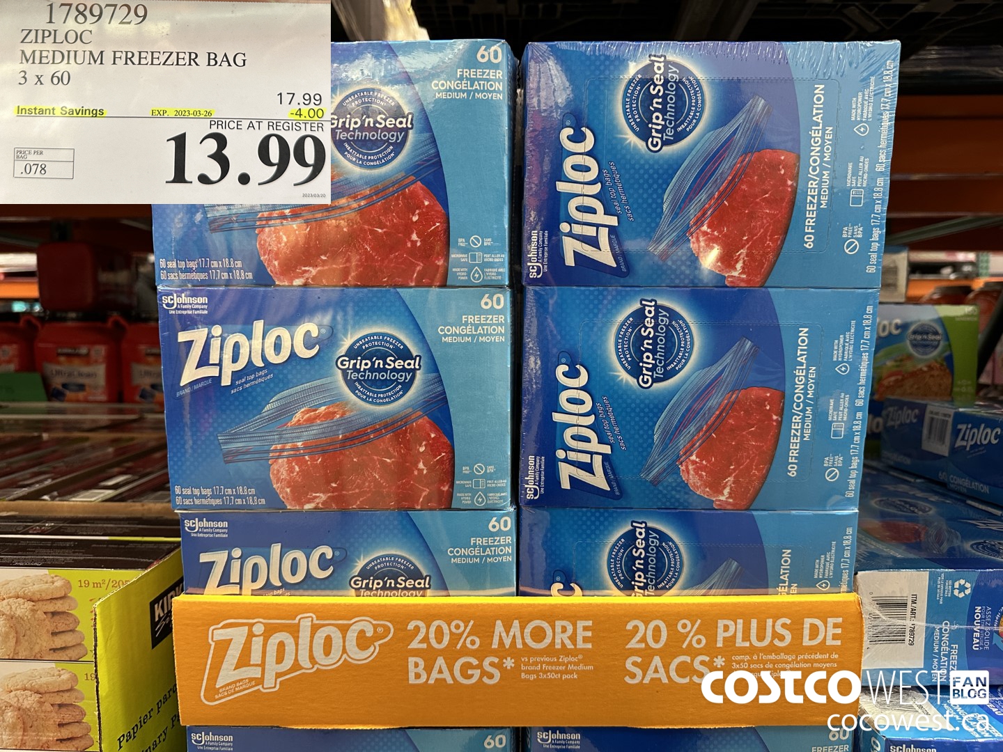 1789729 ZIPLOC MEDIUM FREEZER BAG 3 x 60 ($4.00 INSTANT SAVINGS EXPIRES ON 2023-03-26) $13.99