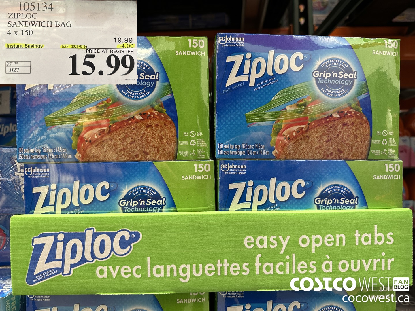 105134 ZIPLOC SANDWICH BAG 4 X 150 ($4.00 INSTANT SAVINGS EXPIRES ON 2023-03-26) $15.99