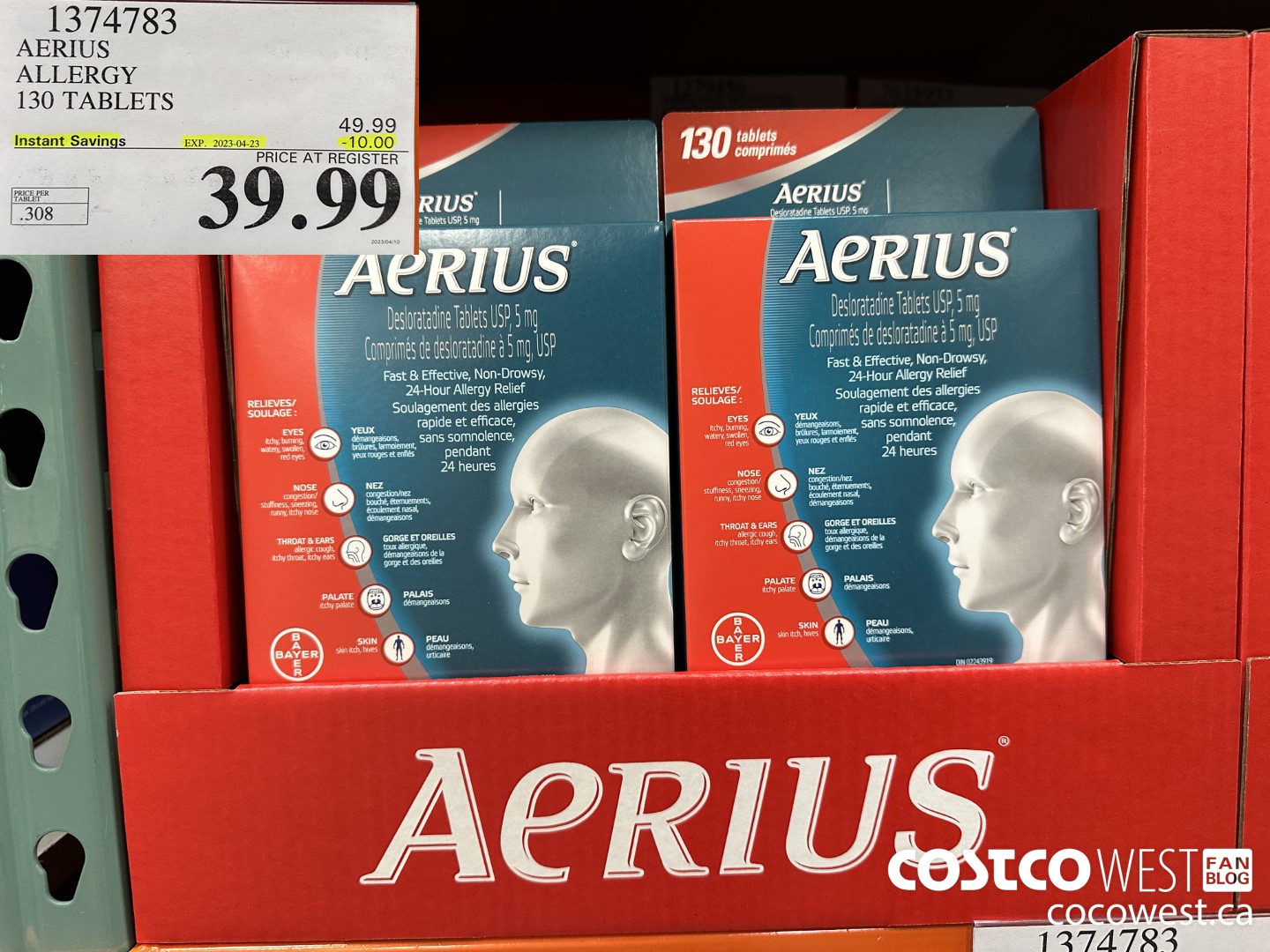 1374783 AERIUS ALLERGY 130 TABLETS ($10.00 INSTANT SAVINGS EXPIRES ON 2023-04-23) $39.99
