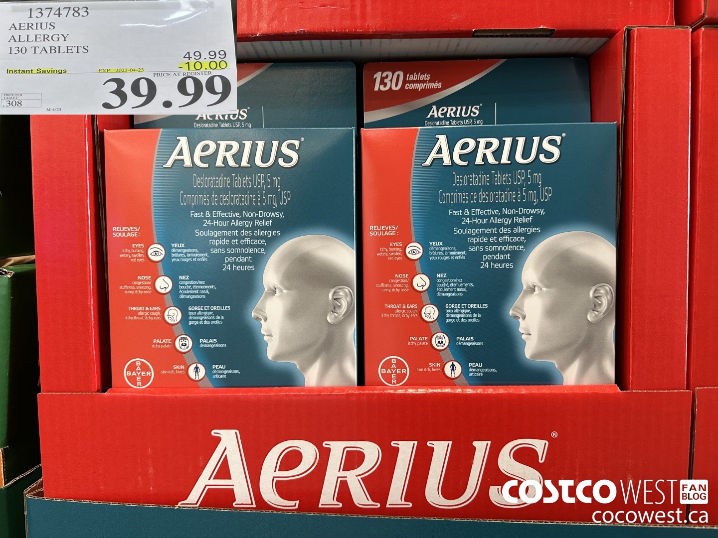 1374783 AERIUS ALLERGY 130 TABLETS ($10.00 INSTANT SAVINGS EXPIRES ON 2020-04-26) $39.99