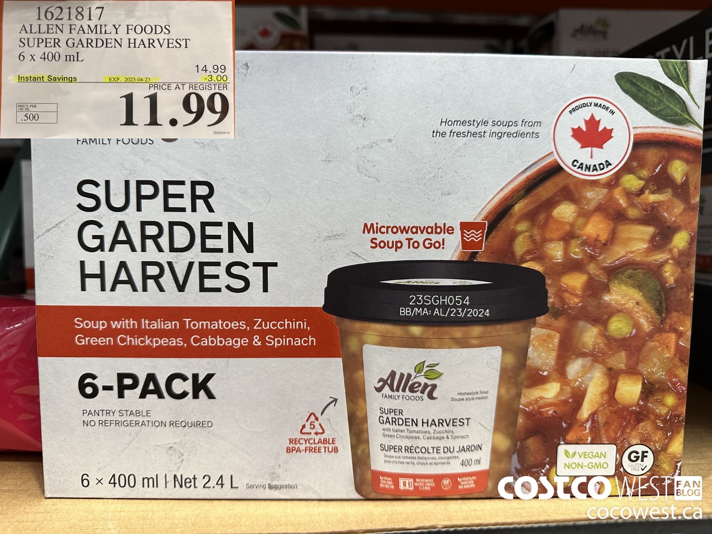 1621817 ALLEN FAMILY FOODS SUPER GARDEN HARVEST 6 x 400 mL  ($3.00 INSTANT SAVINGS EXPIRES ON 2023-04-23) $11.99