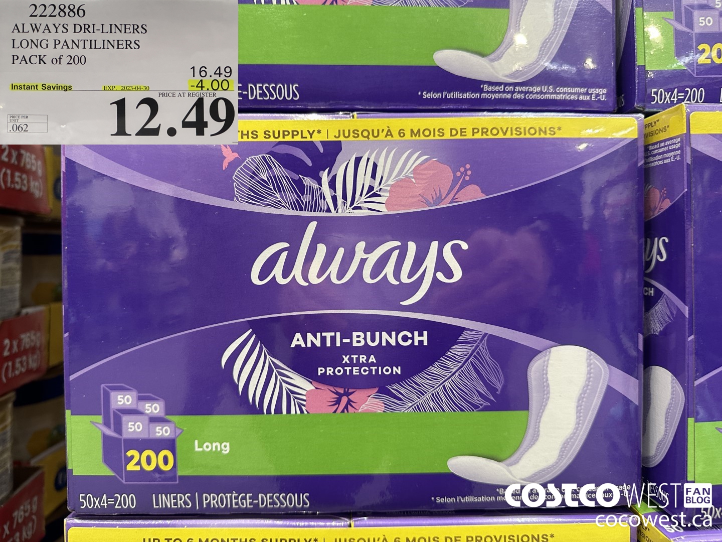 222886 ALWAYS DRI-LINERS LONG PANTILINERS PACK OF 200 ($4.00 INSTANT SAVINGS EXPIRES ON 2023-04-30) $12.49