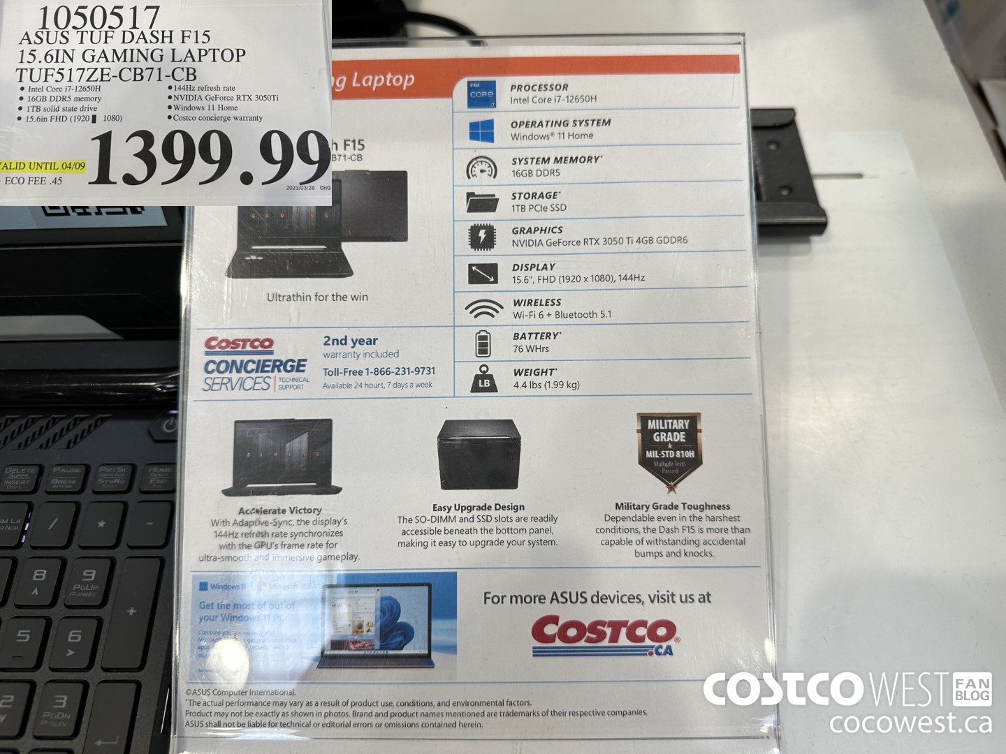 1050517 ASUS TUF DASH F15 15.6IN GAMING LAPTOP TUF517ZE-CB71-CB (EXPIRES ON 2023-04-09) $1399.99