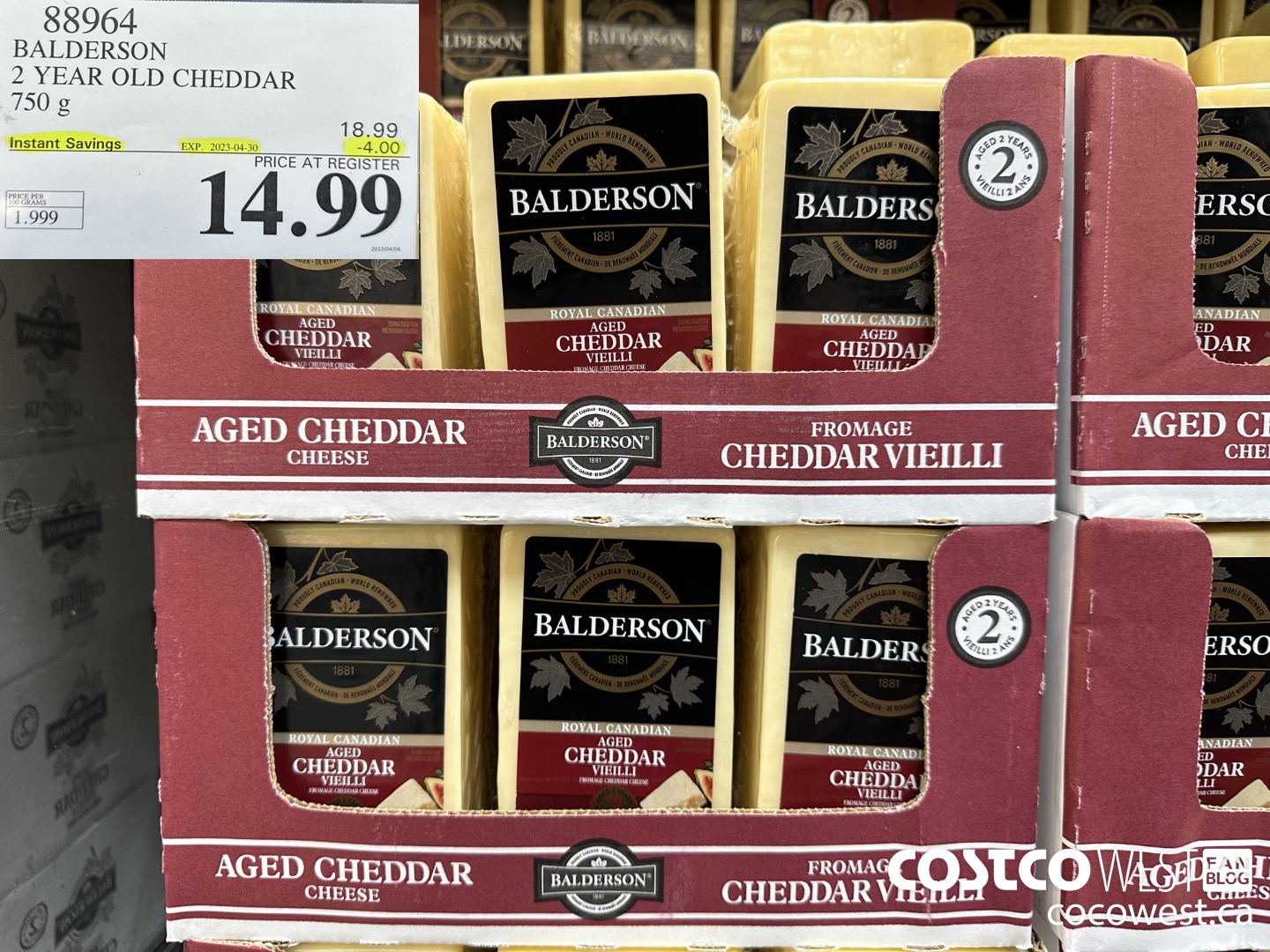 88964 BALDERSON 2 YEAR OLD CHEDDAR 750 g ($4.00 INSTANT SAVINGS EXPIRES ON 2023-04-30) $14.99