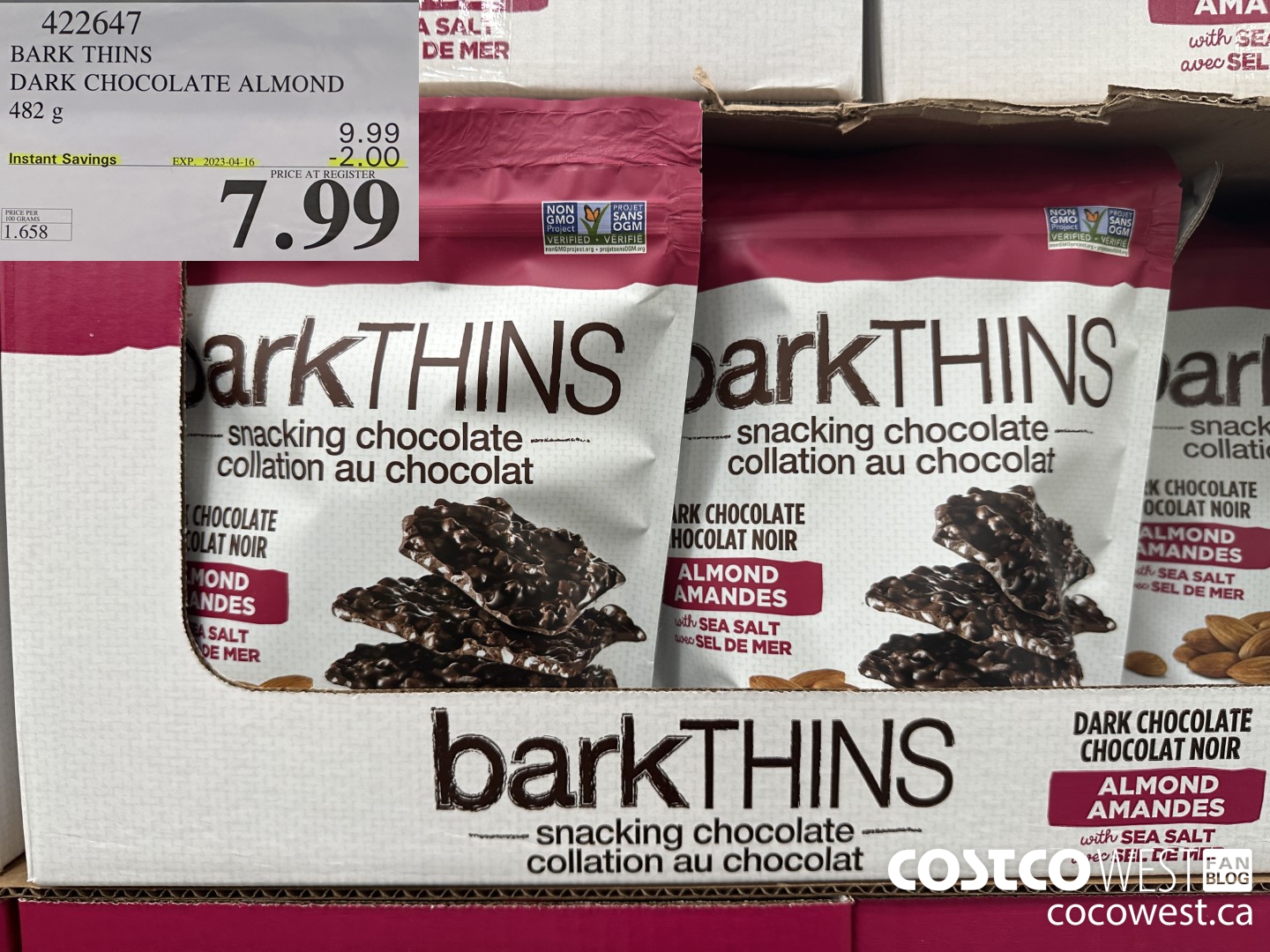 422647 BARK THINS DARK CHOCOLATE ALMOND 482 g ($2.00 INSTANT SAVINGS EXPIRES ON 2023-04-16) $7.99