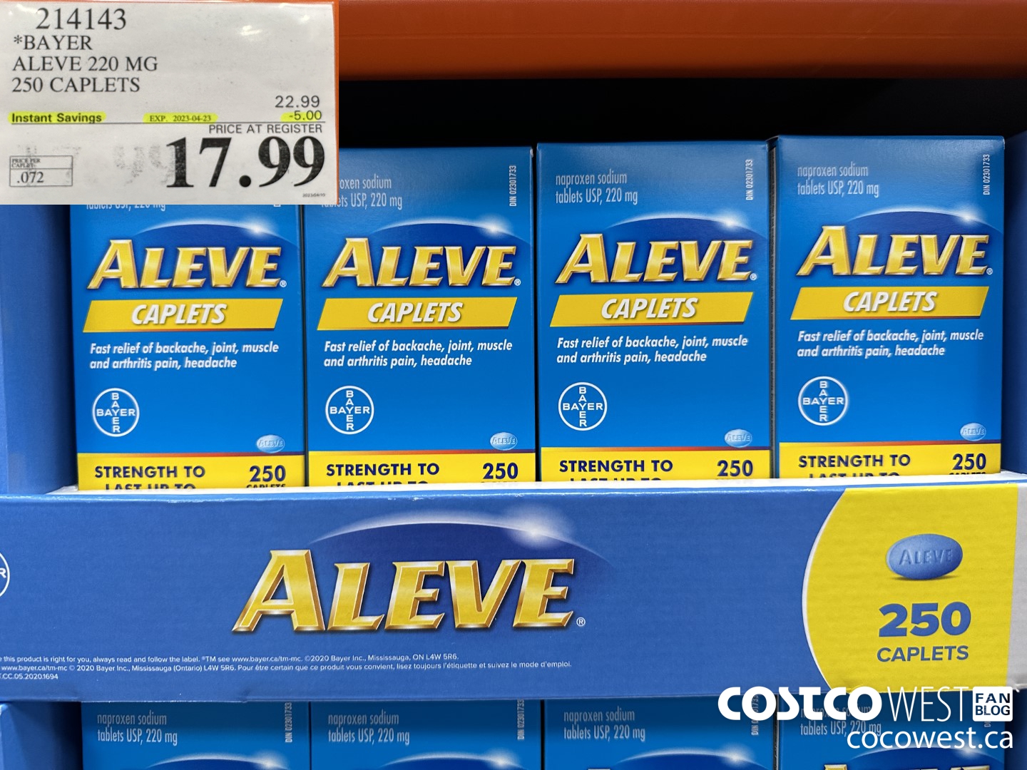 214143 BAYER ALEVE 220 MG 250 CAPLETS ($5.00 INSTANT SAVINGS EXPIRES ON 2023-04-23) $17.99