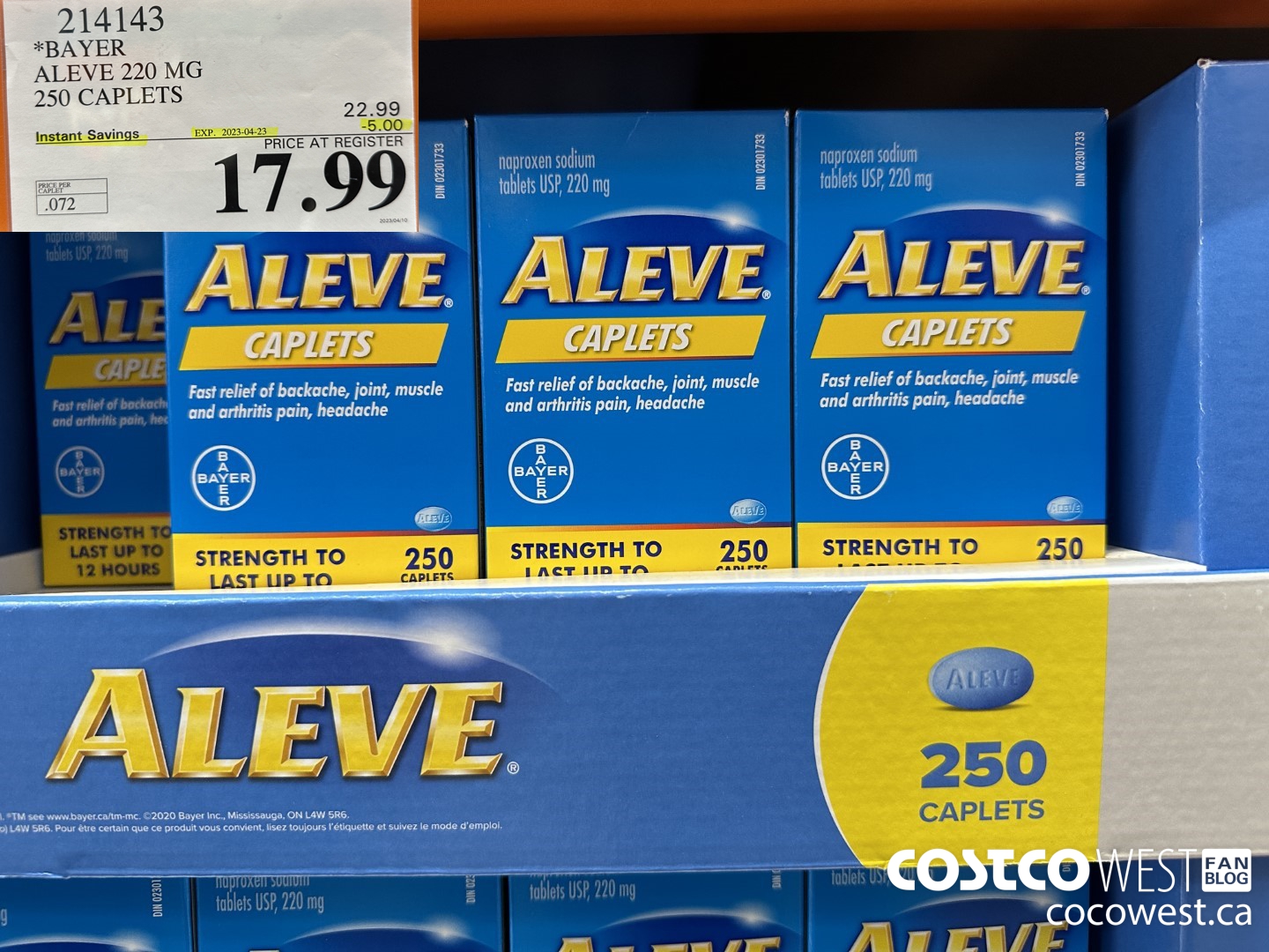 214143 BAYER ALEVE 220 MG 250 CAPLETS ($5.00 INSTANT SAVINGS EXPIRES ON 2023-04-23) $17.99