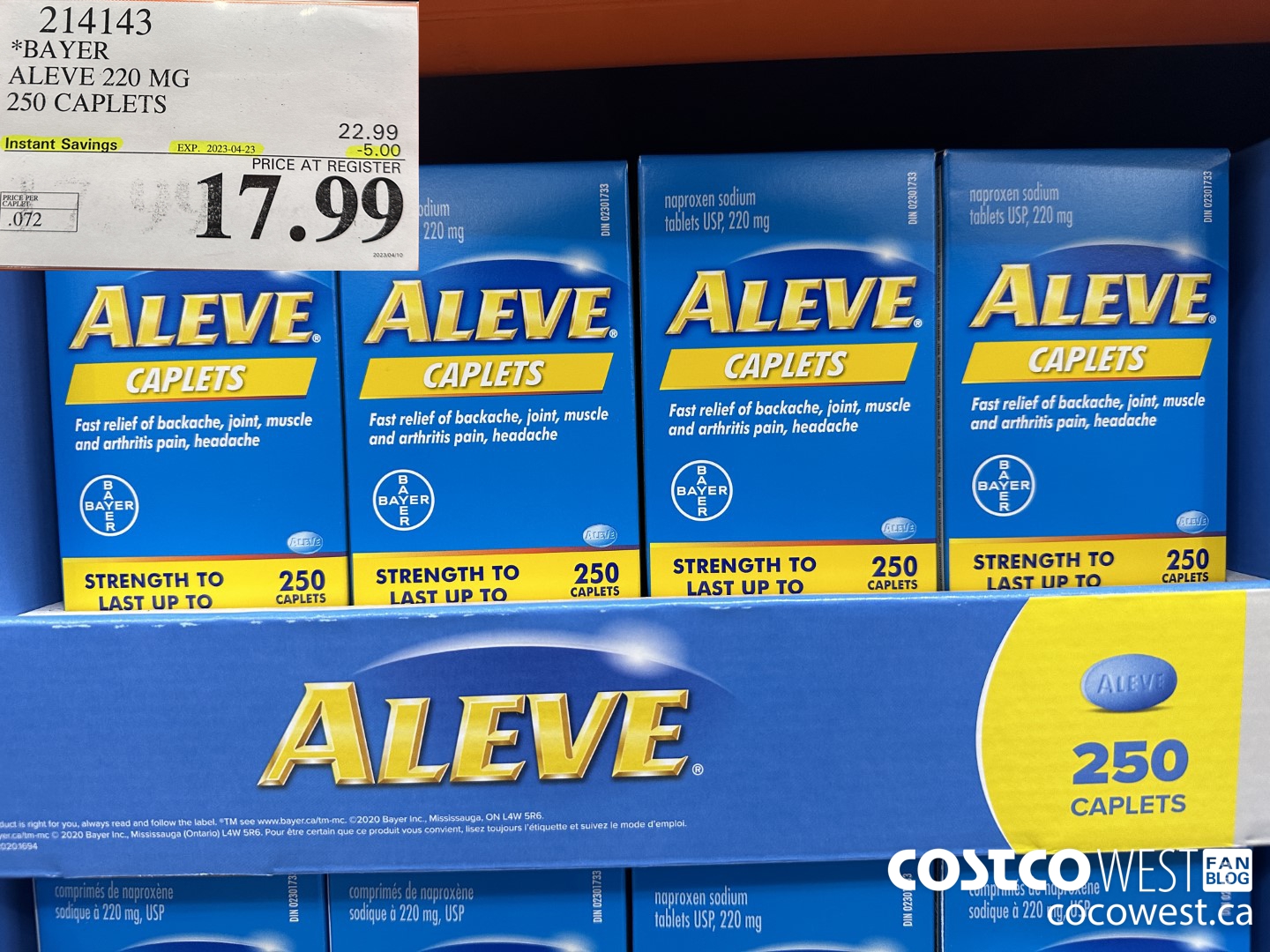 214143 BAYER ALEVE 220 MG 250 CAPLETS ($5.00 INSTANT SAVINGS EXPIRES ON 2023-04-23) $17.99