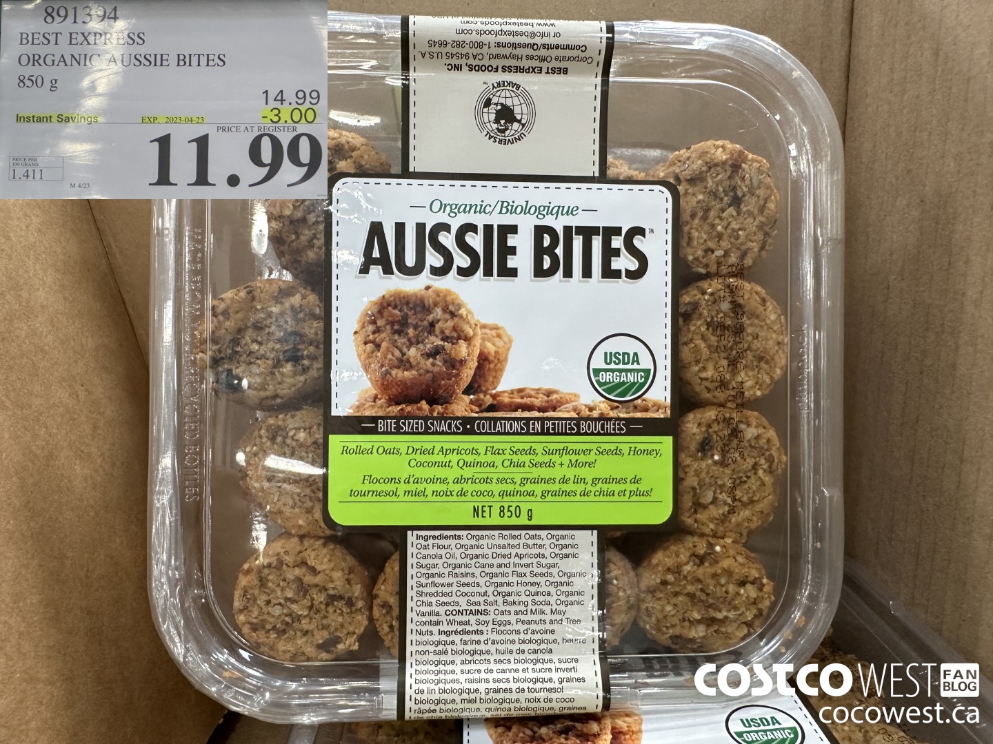 891394 BEST EXPRESS ORGANIC AUSSIE BITES 850 g ($3.00 INSTANT SAVINGS EXPIRES ON 2023-04-23) $11.99