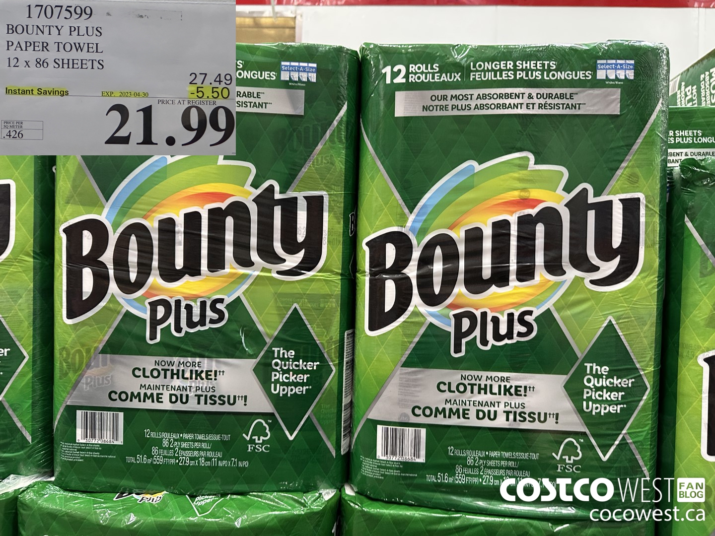 1707599 BOUNTY PLUS PAPER TOWEL 12 X 86 SHEETS ($5.50 INSTANT SAVINGS EXPIRES ON 2023-04-30) $21.99