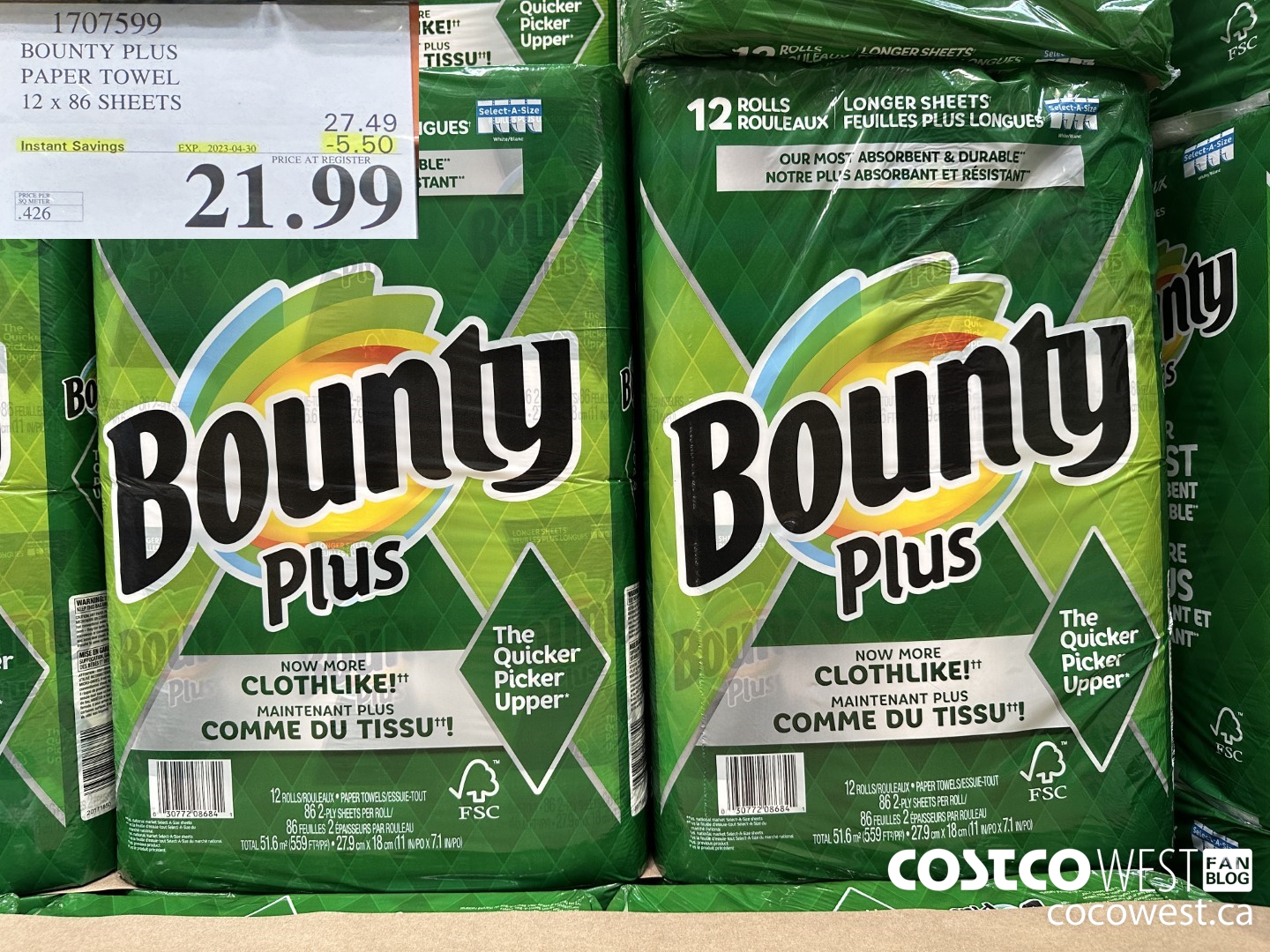 1707599 BOUNTY PLUS PAPER TOWEL 12 X 86 SHEETS ($5.50 INSTANT SAVINGS EXPIRES ON 2023-04-30) $21.99