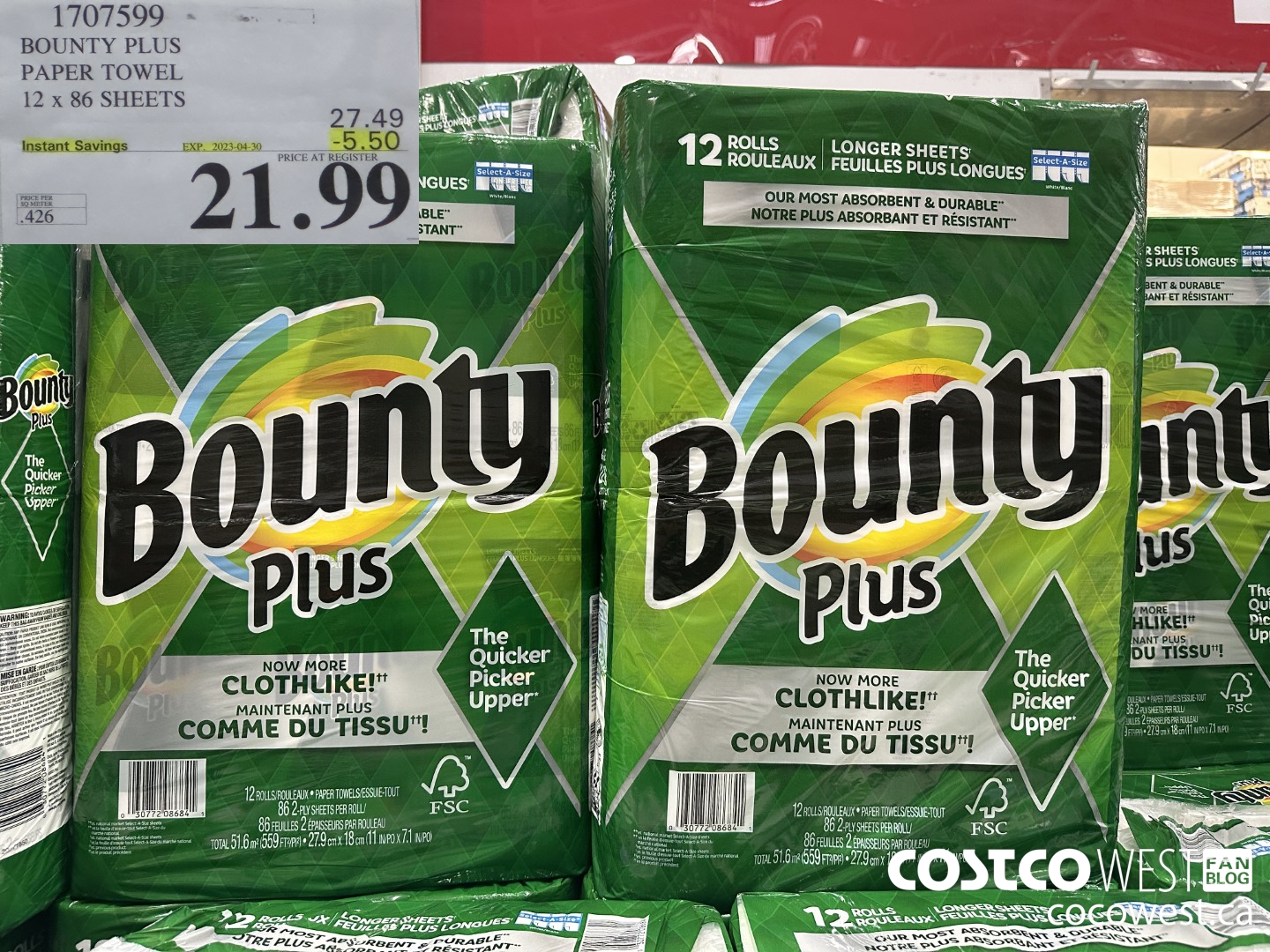 1707599 BOUNTY PLUS PAPER TOWEL 12 X 86 SHEETS ($5.50 INSTANT SAVINGS EXPIRES ON 2023-04-30) $21.99