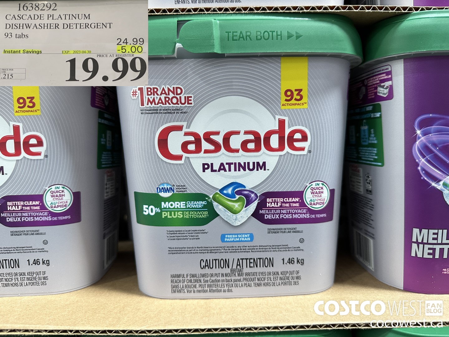 1638292 CASCADE PLATINUM DISHWASHER DETERGENT 93 tabs ($5.00 INSTANT SAVINGS EXPIRES ON 2023-04-30) $19.99