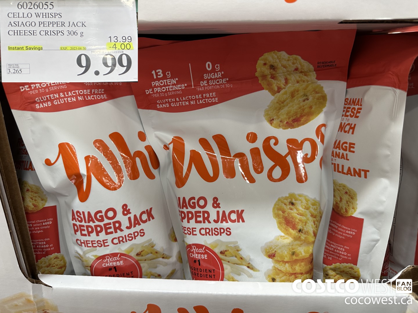 6026055 CELLO WHISPS ASIAGO PEPPER JACK CHEESE CRISPS 306G ($4.00 INSTANT SAVINGS EXPIRES ON 2023-04-30) $9.99