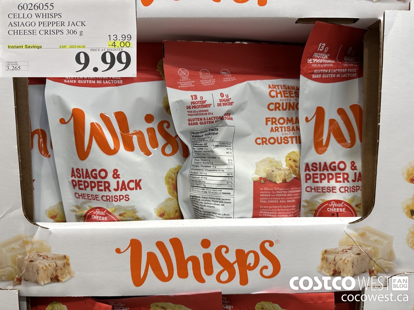 6026055 CELLO WHISPS ASIAGO PEPPER JACK CHEESE CRISPS 306G ($4.00 INSTANT SAVINGS EXPIRES ON 2023-04-30) $9.99