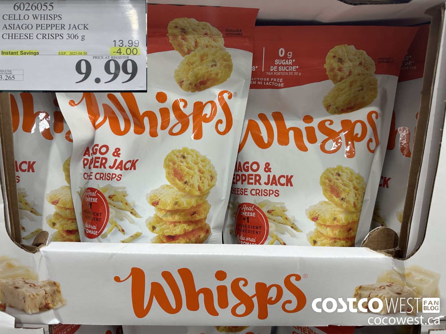 6026055 CELLO WHISPS ASIAGO PEPPER JACK CHEESE CRISPS 306G ($4.00 INSTANT SAVINGS EXPIRES ON 2023-04-30) $9.99