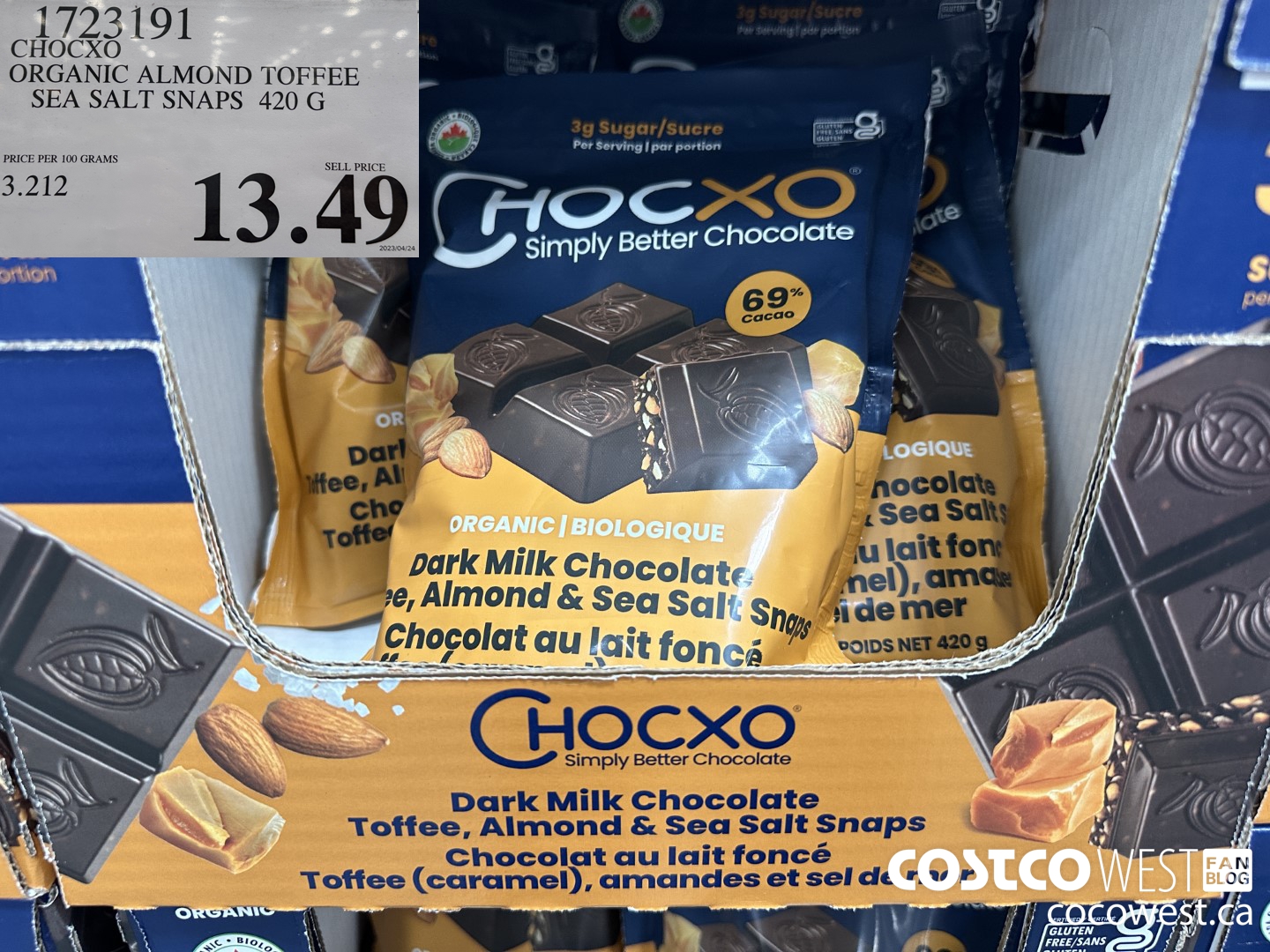 1723191 CHOCXO ORGANIC ALMOND TOFFEE SEA SALT SNAPS 420G $13.49