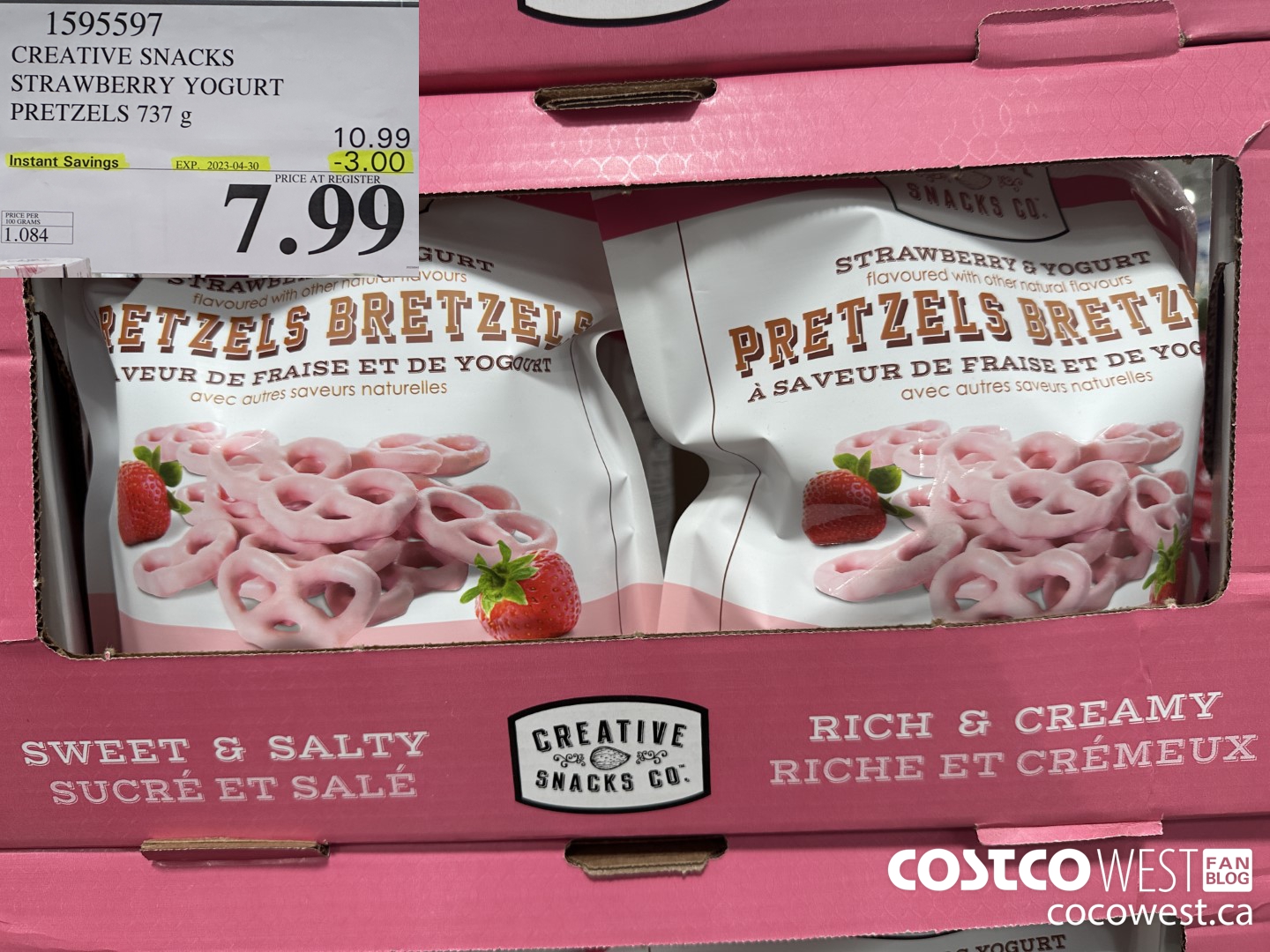 1595597 CREATIVE SNACKS STRAWBERRY YOGURT PRETZELS 737 G ($3.00 INSTANT SAVINGS EXPIRES ON 2023-04-30) $7.99