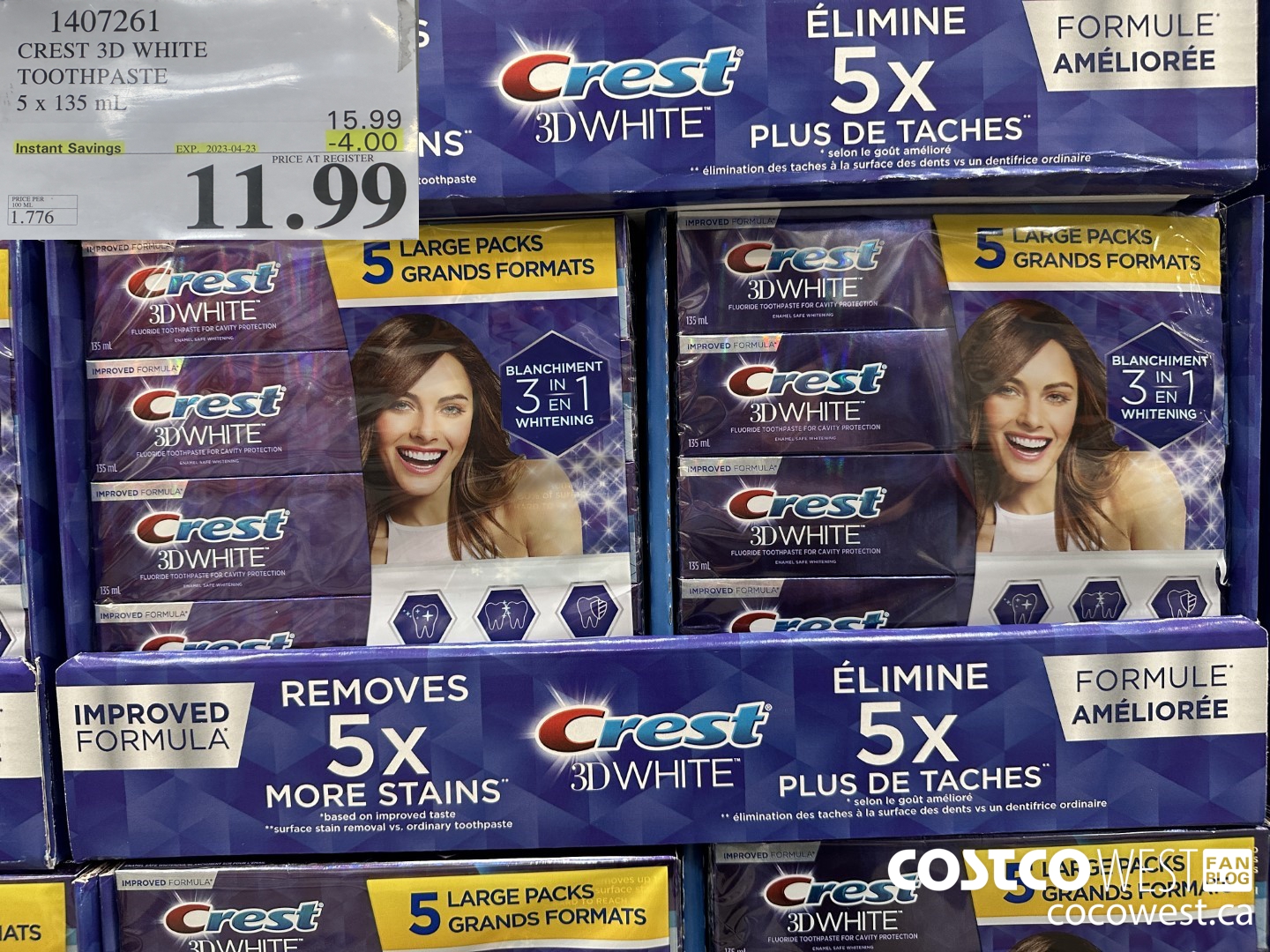 1407261 CREST 3D WHITE TOOTHPASTE 5 x 135mL ($4.00 INSTANT SAVINGS EXPIRES ON 2023-04-23) $11.99
